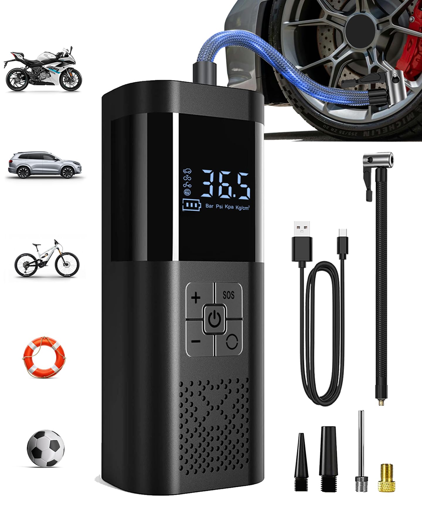 Tire Inflator Portable Air Compressor, Portable Air Pump with Pressure Gauge, Electric Tire Pump Battery 150PSI, Cordless Car Tire Inflator with LED for Car Motorcycle Bicycle Ball