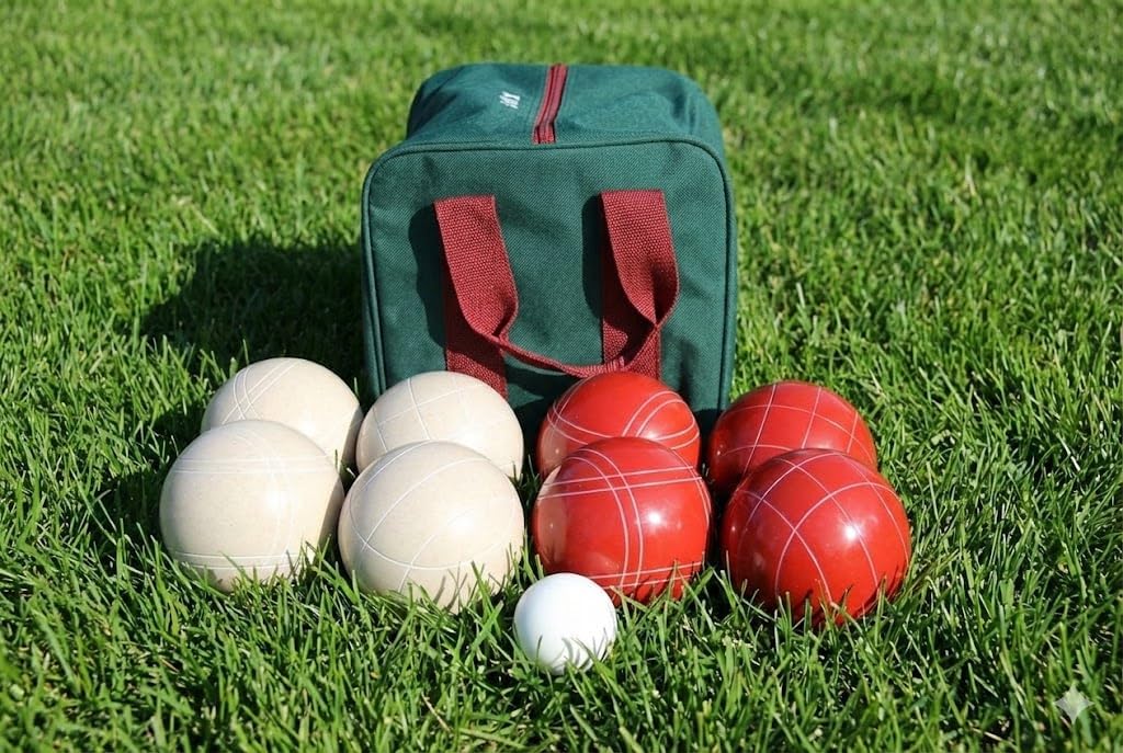 BuyBocceBalls Listing - Made in USA, Premium Quality Tournament Bocce Set - 110mm Rustic White/Red Balls and Green/Maroon Bag, 998 Grams (2 lbs. 3 oz.)