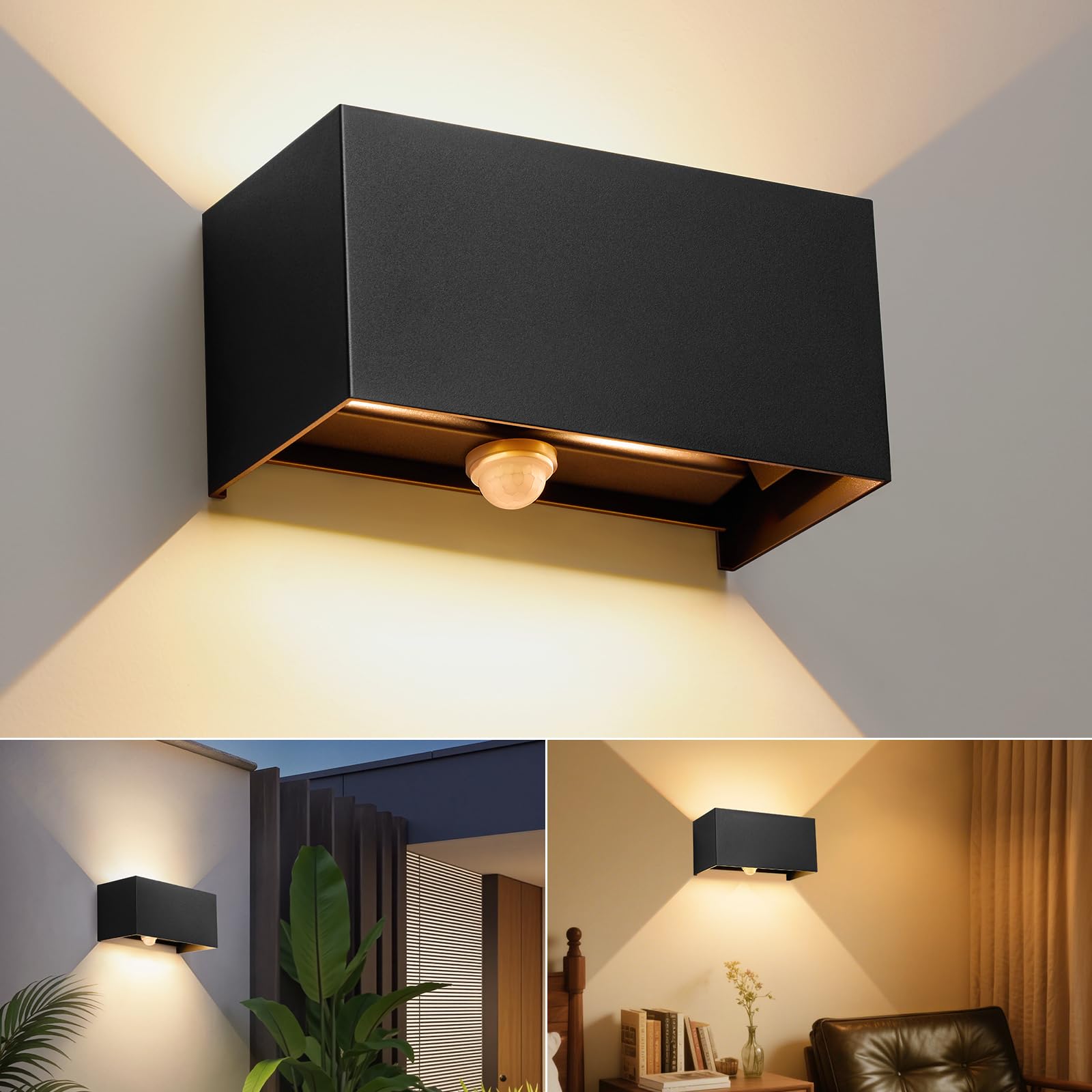 Ledronix LED Außenlampe mit Bewegungsmelder, 24W Wandleuchte Außen/Innen, 3000K Warmweiß Aussenlampe, IP66 Außenwandleuchte, Aluminium Wandlampe, Einstellbarer Lichtstrahl für Flur, Garten (Schwarz)