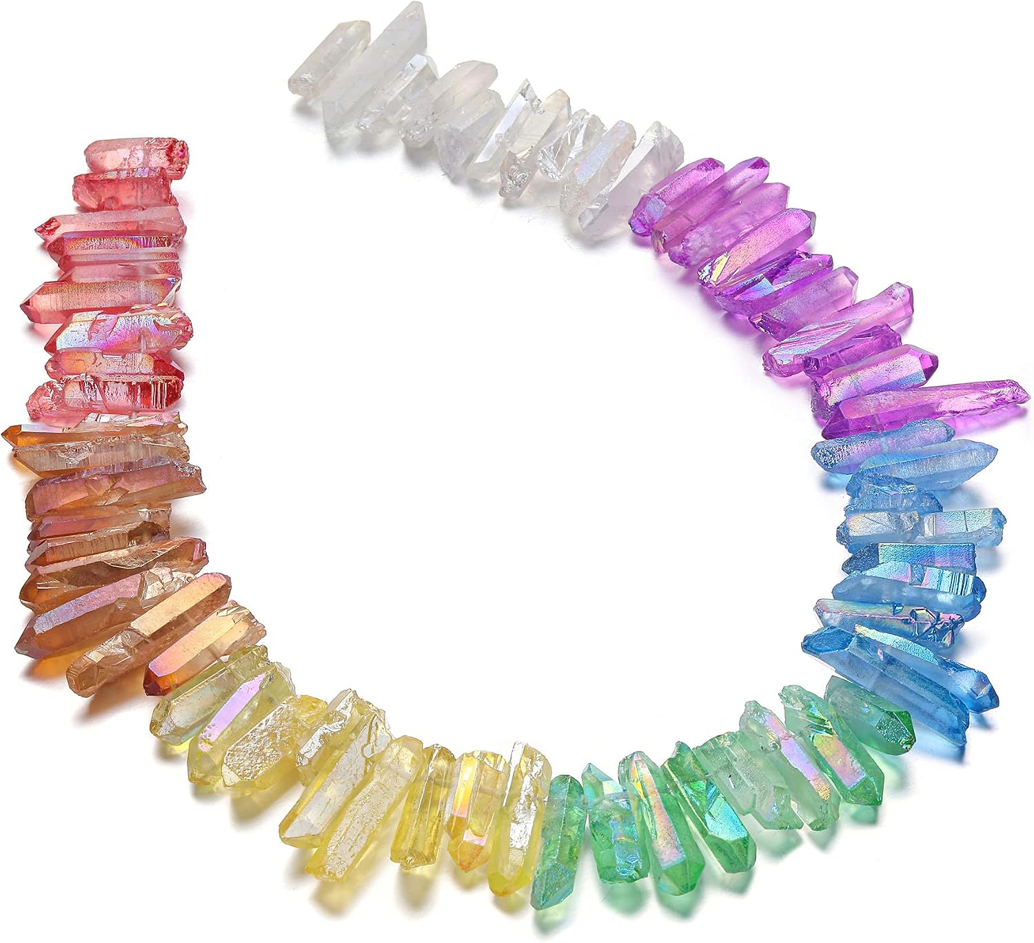 Top Plaza Rough Irregular Aura Crystals Stone Points Sticks Shard Loose Beads for Crafts Jewelry Making Natural Raw Rock Bulk Crushed Titanium Coated Quartz Points 16" Strand - 7 Chakra