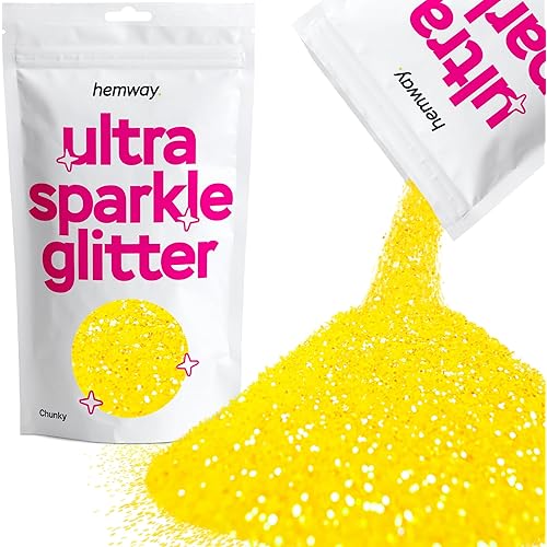 Hemway Premium Ultra Sparkle Glitter Multi Purpose Metallic Flake for Arts Crafts Nails Cosmetics Resin Festival Face Hair - Fluorescent Yellow - Chunky (1/40" 0.025" 0.6mm) 100g / 3.5oz