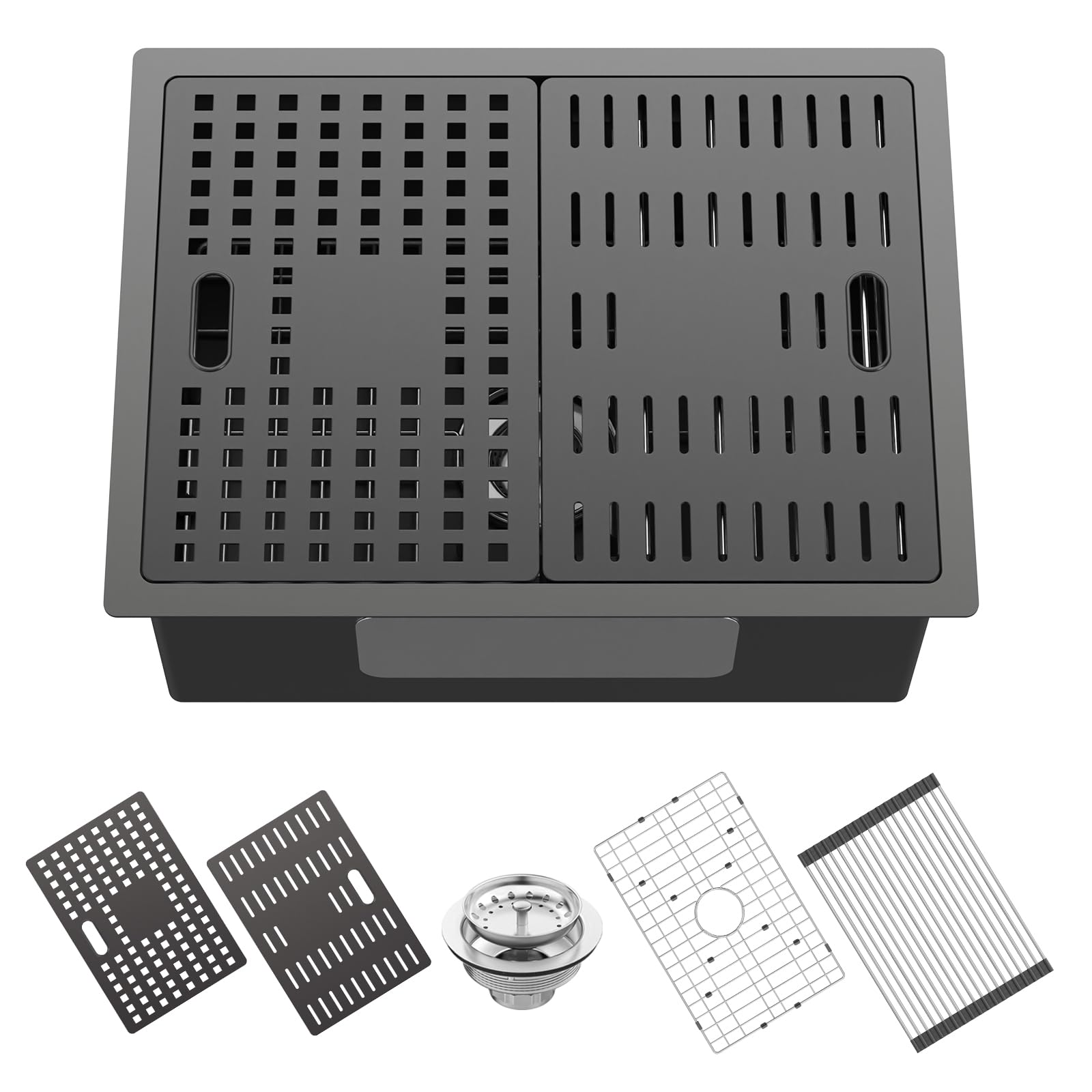 Fregadero de Cocina Negro con Doble Tapa, 61 x 46 cm, Acero Inoxidable, de un Solo Seno, para instalación bajo encimera. Incluye repisa integrada y estación de Trabajo empotrada qu