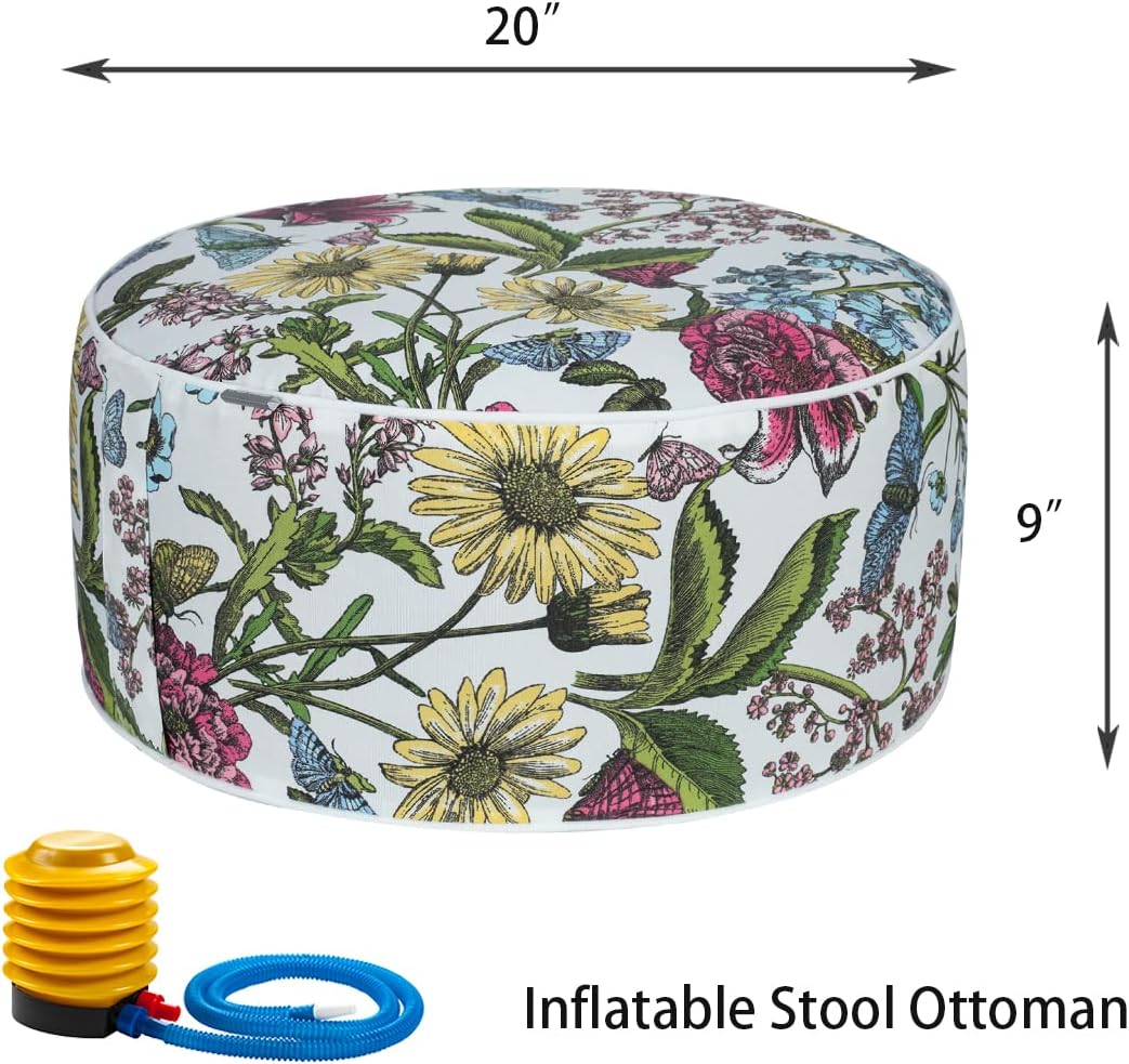 Inflatable Outdoor Ottoman with Air Pump,20"x9" Portable Patio Pouf,Water Resistant,Fade-Resistant,Round Blow Up Footrest Stools for Home Garden Camping Travel(Butterfly Flower)