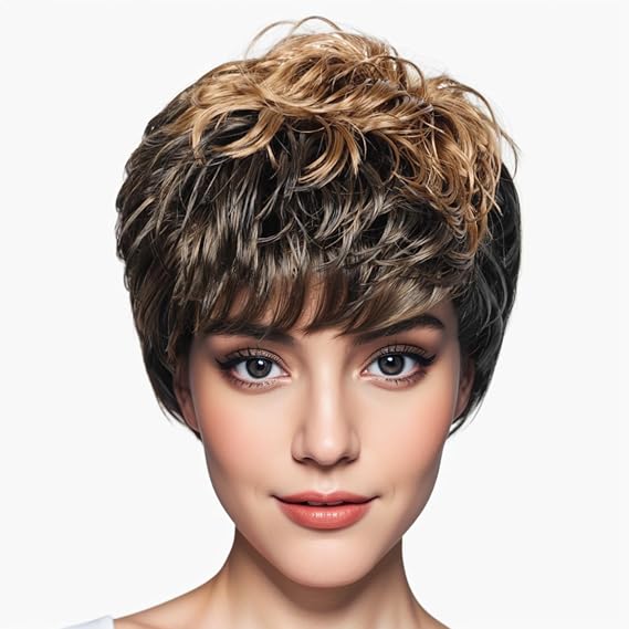 Short Pixie Cut Wig Synthetic Short Curly Wigs for White/Black Women Shot Layered Wavy Hair Wig With Bangs,Daily Wig (Mixed black&blonde 1H27#)