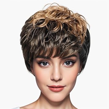 Short Pixie Cut Wig Synthetic Short Curly Wigs for White/Black Women Shot Layered Wavy Hair Wig With Bangs,Daily Wig (Mixed black&blonde 1H27#)