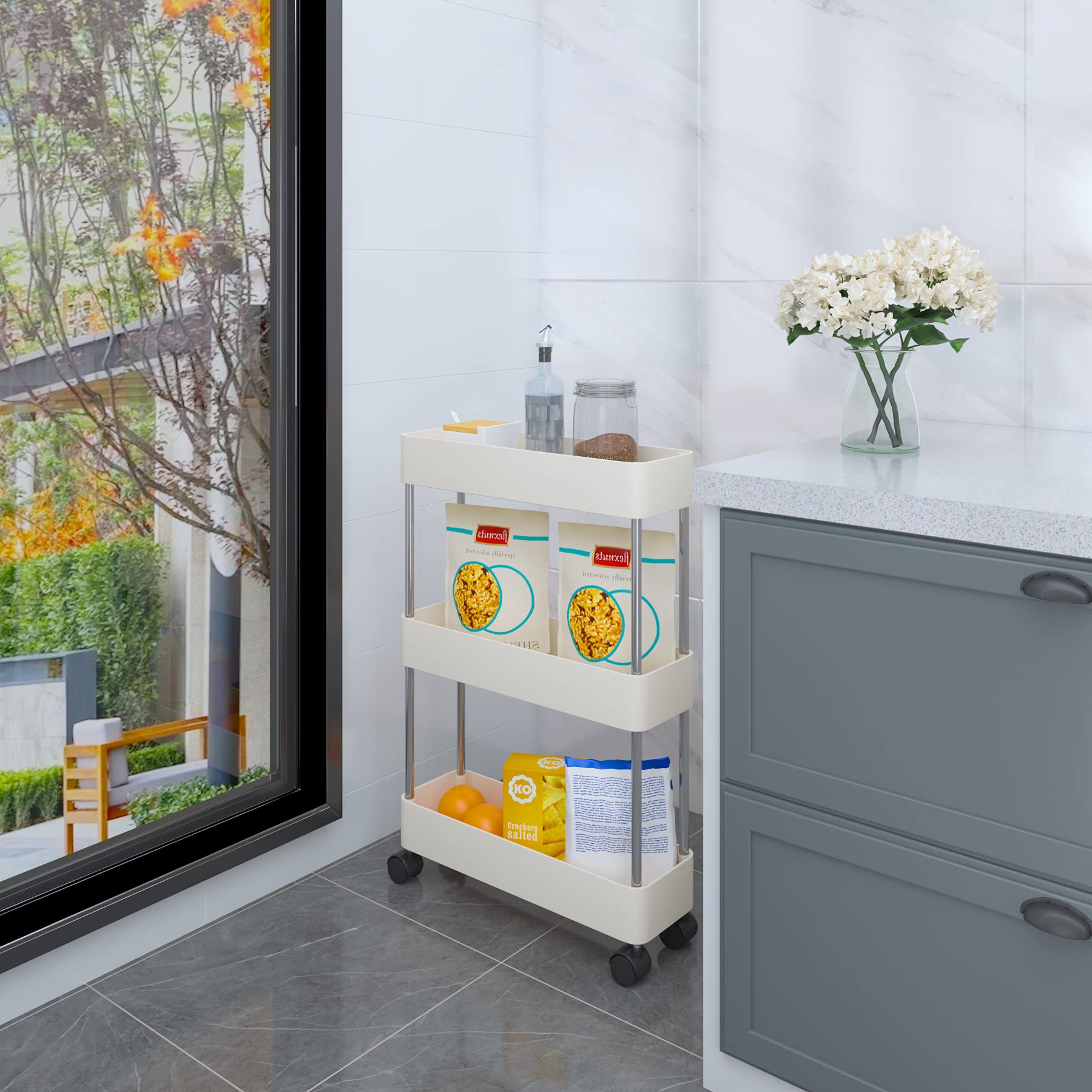 JIUYOTREE 3Tier Slide Out Storage Trolley, Slim Storage Cart, Narrow Shelf Unit Organiser with