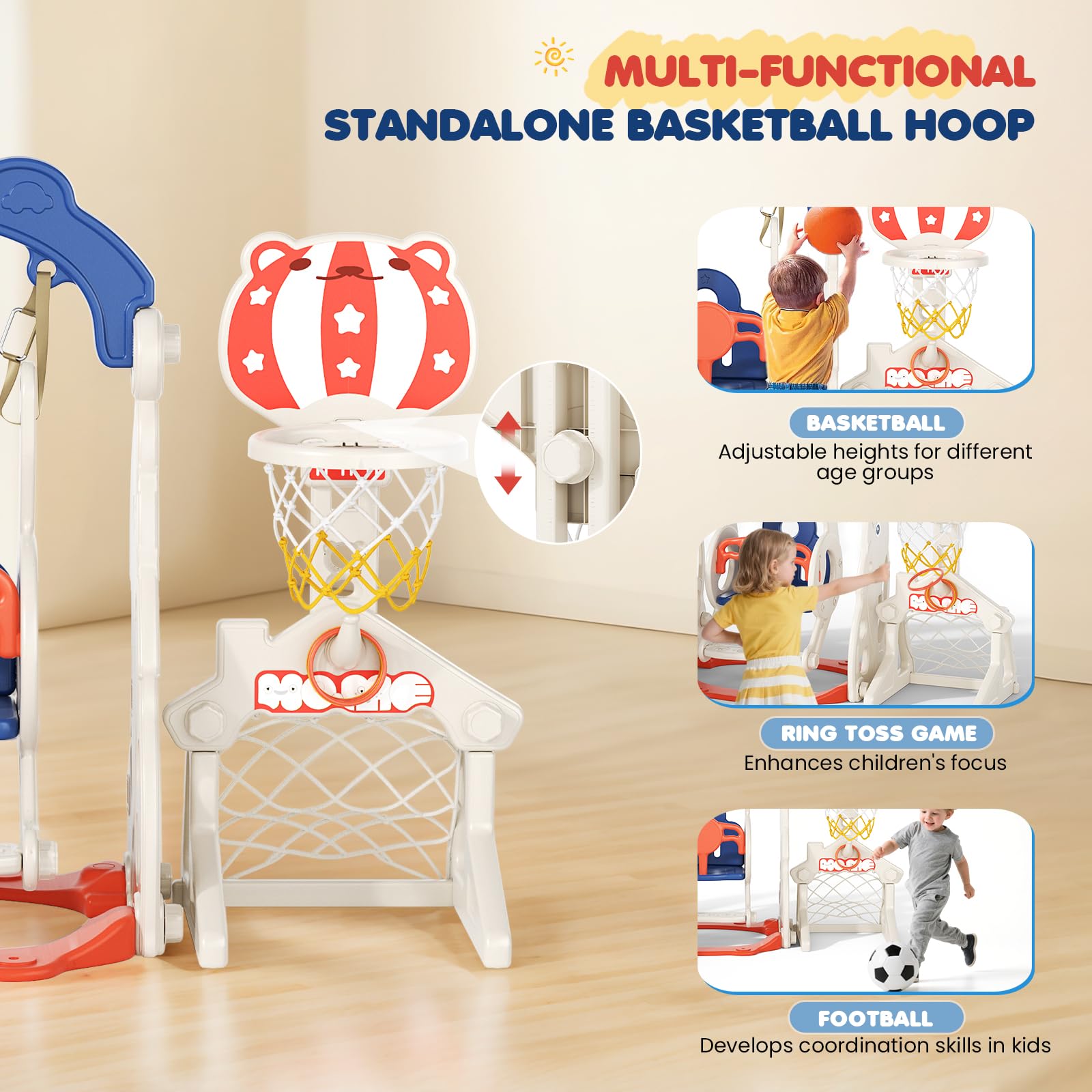 10-in-1 Kleinkindrutsche, Kinderspielhaus mit Basketballkorb, magnetischer Zeichentafel, für drinnen und draußen (Rot)