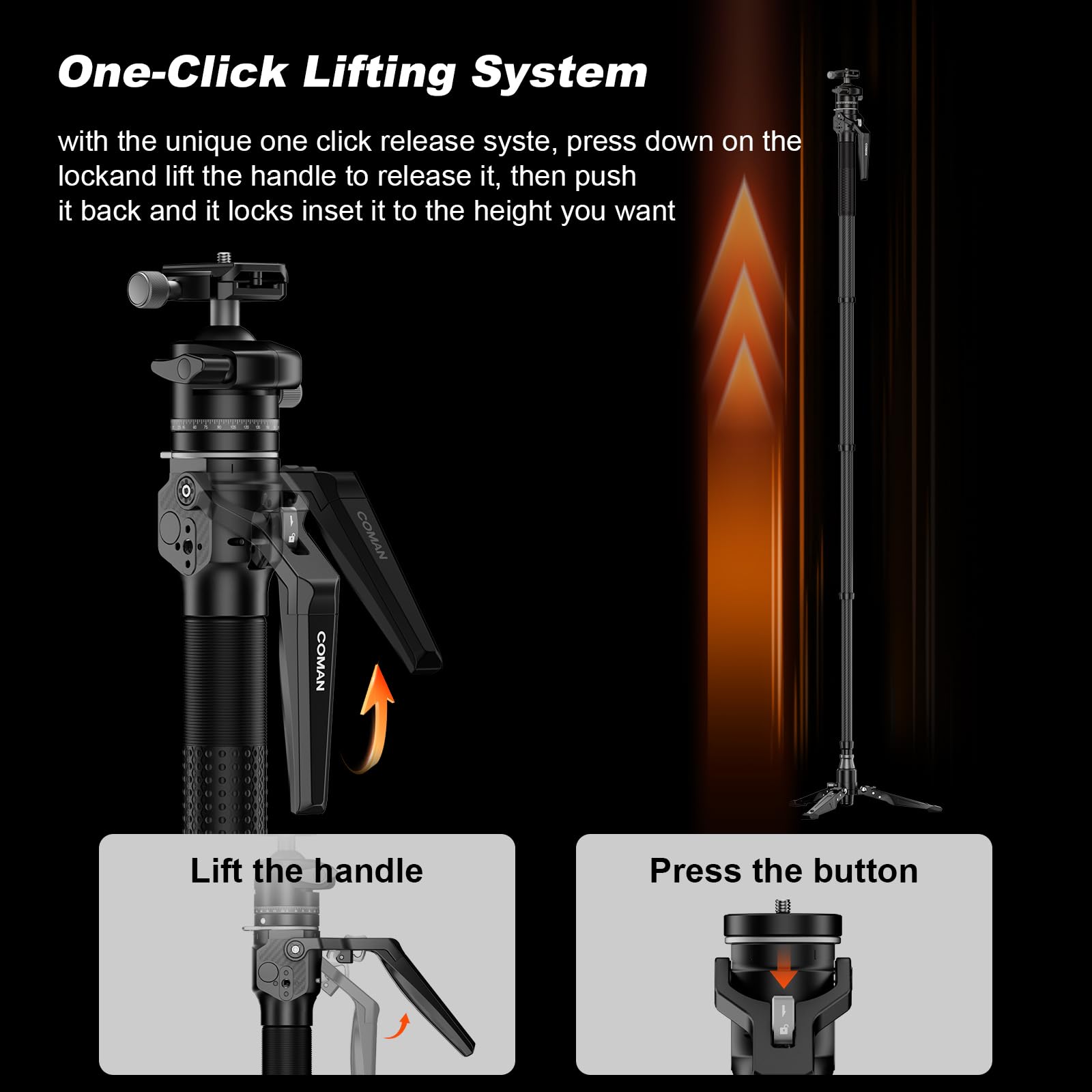 COMAN One-Touch Carbonfaser-Einbeinstativ,Leichtes Reisekamera-Monopod, Es Verfügt über Einen Neigbaren U-förmigen Fuß, Abnehmbare Beine und Einen Kugelkopf mit Einer Maximalen Tragkraft 5kg