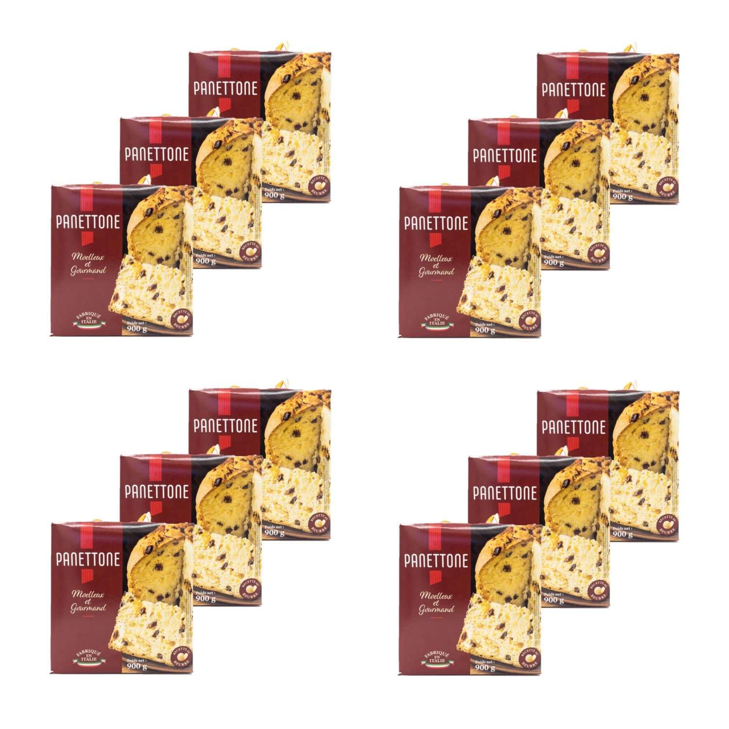 Panettone pur beurre fabriqué en Italie - lot de 12 boîtes de 900g - pâtisserie au levain naturel, aux raisons secs et aux écorces d'oranges confites