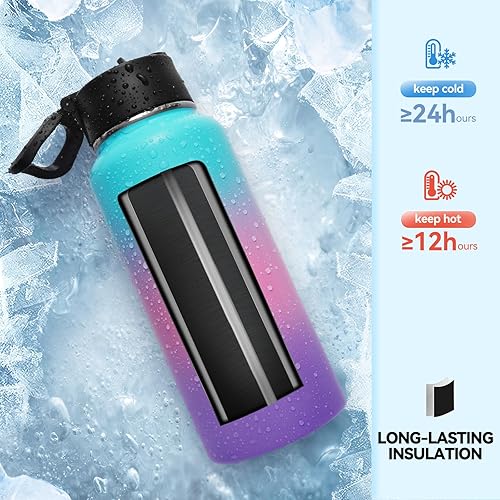 Miniatura 5 de Neihepal Botellas de agua aisladas de 32 onzas a granel con 2 tapas (tapa con pajilla y boquilla), botella de agua de doble pared de acero Ocho