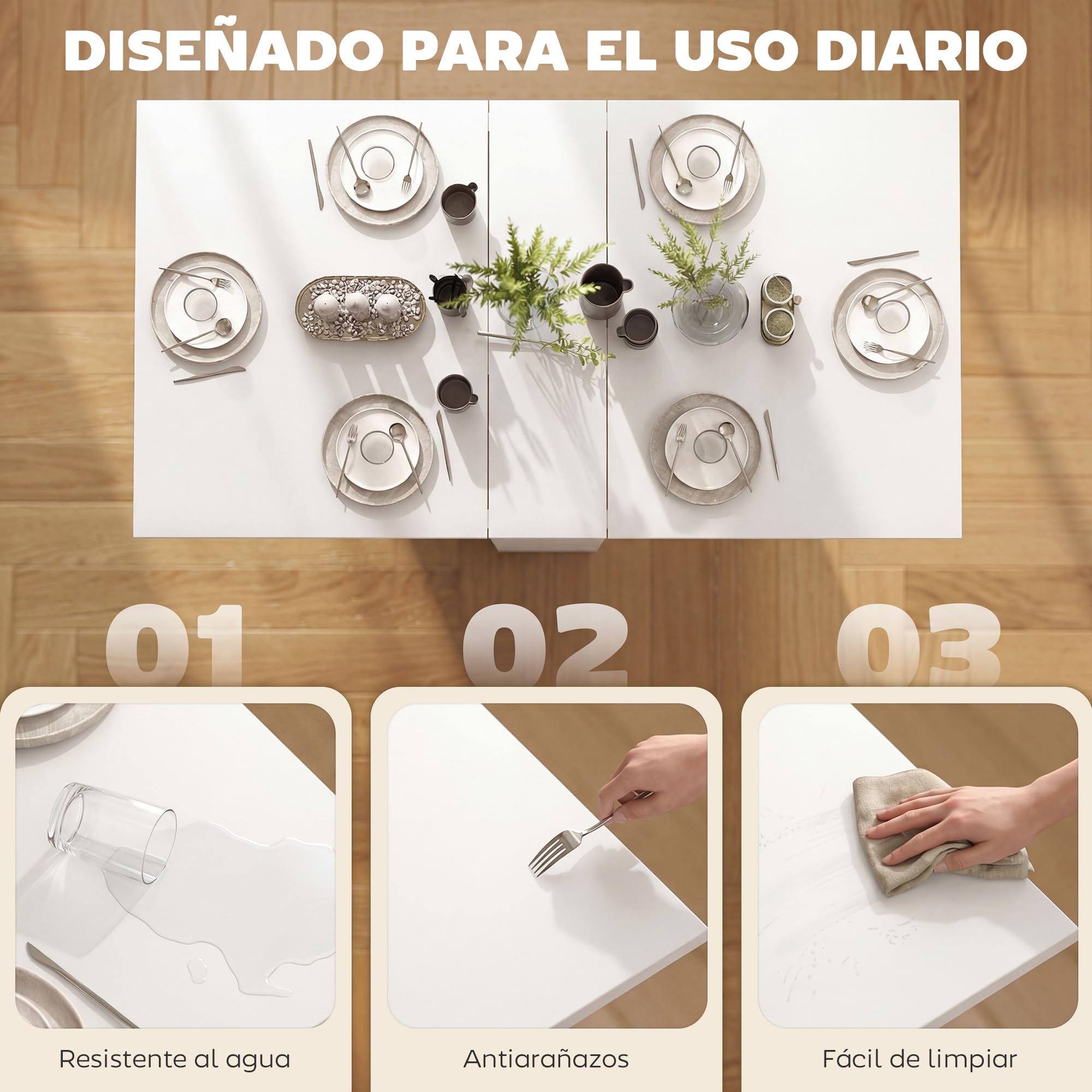 HOMCOM Mesa Plegable de Comedor Mesa de Cocina Plegable con Ruedas Alas Abatibles y Estantes para 4-6 Personas 75x140x74 cm Blanco