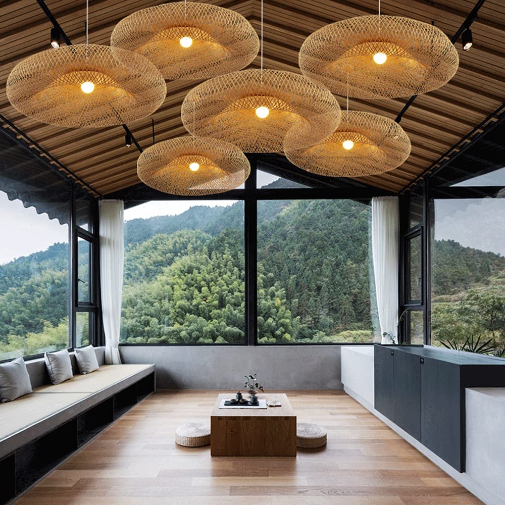 Lámpara Colgante de Techo de Mimbre Tejida a Mano, Retro, Creativa, Redonda, de bambú, E27, para Restaurante Chino, salón de té, casa de Familia, iluminación Decorativa