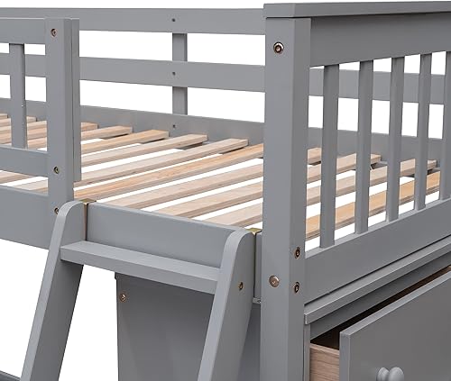 Miniatura 7 de HYC Litera de madera individual sobre matrimonial con seis cajones estantes flexibles y barandilla de protección no necesita somier color gris