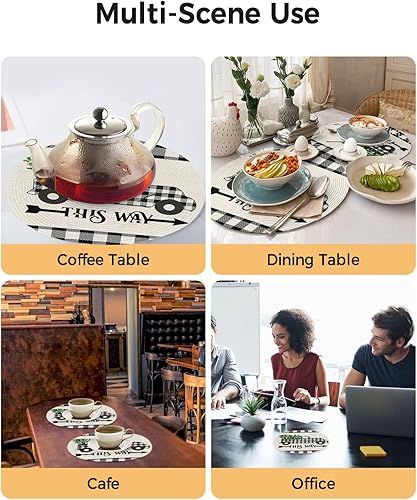 Miniatura 5 de Paquete de 2 manteles individuales redondos trenzados, diseño de búfalo negro y blanco, a cuadros, árbol de Navidad, camión de 15 pulgadas,