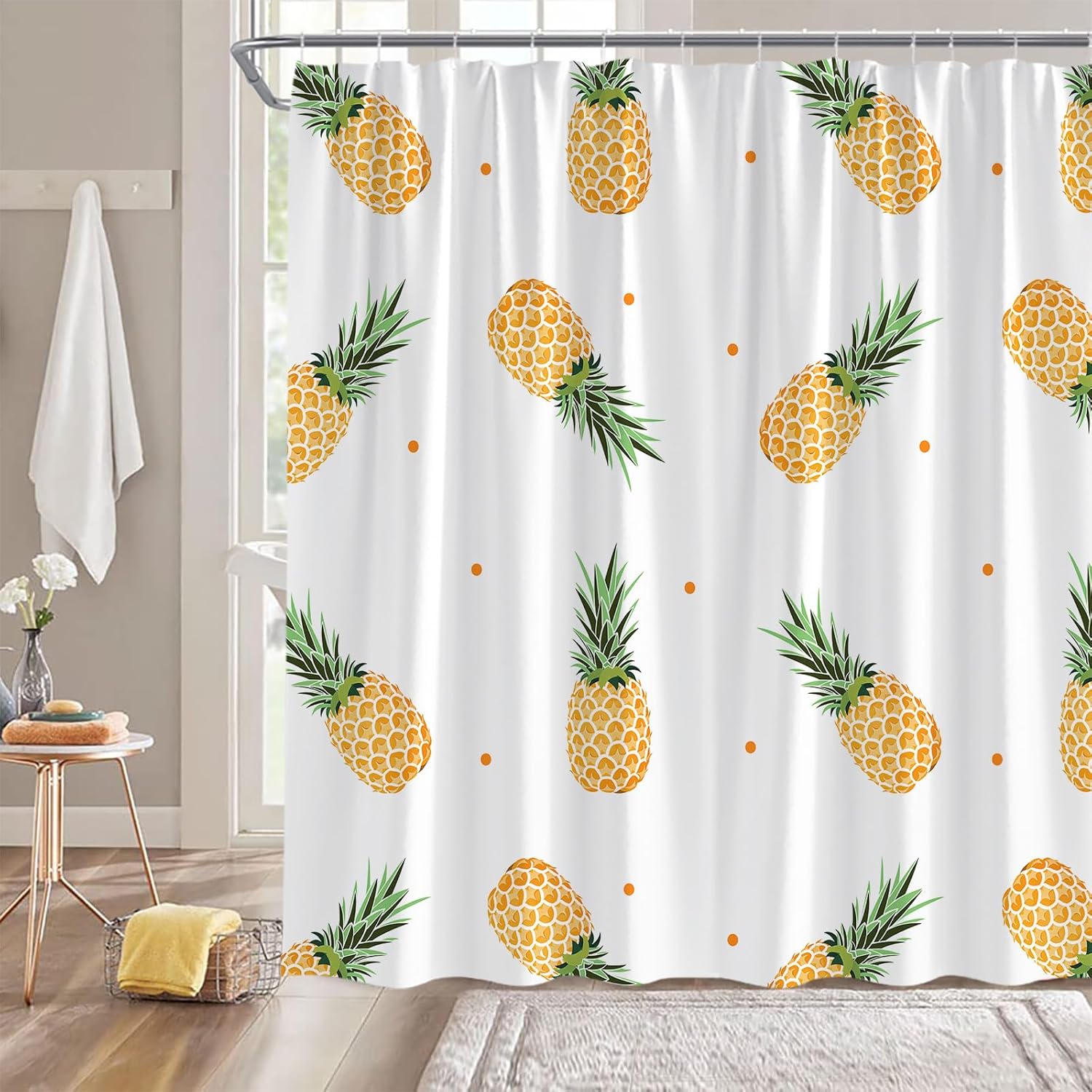 Pineapple Shower Curtain Yellow Tropical Fruit Pineapple Green Leaf Watercolor Ananas Summer Nature Plant Fabric Bathroom Decor Curtain with Hooks