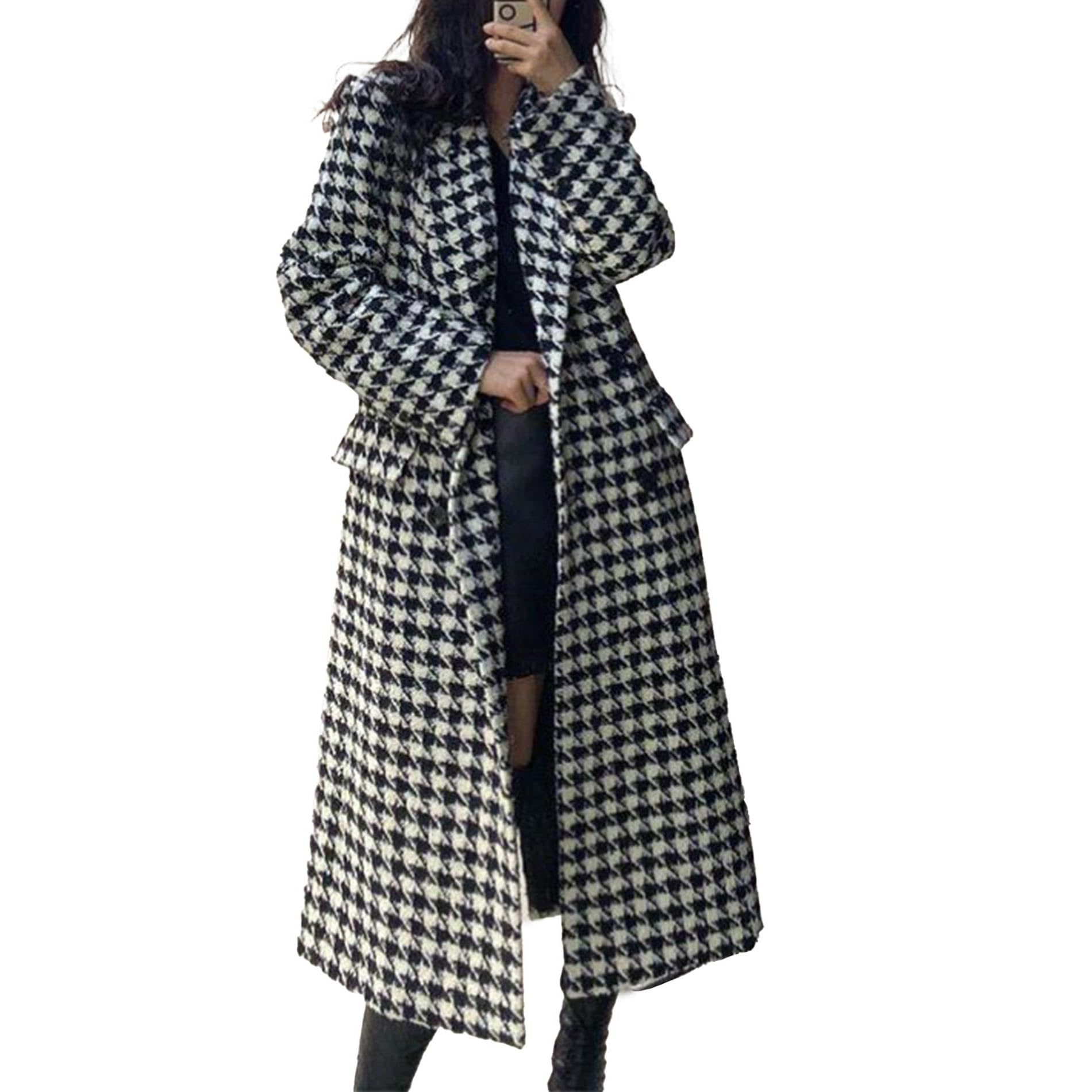 Damski płaszcz dwurzędowy typu peacoat, długa kurtka, elegancki płaszcz w pepitkę, modny płaszcz, kurtka zimowa, płaszcz przejściowy, kołnierz z klapami, kurtka casualowa