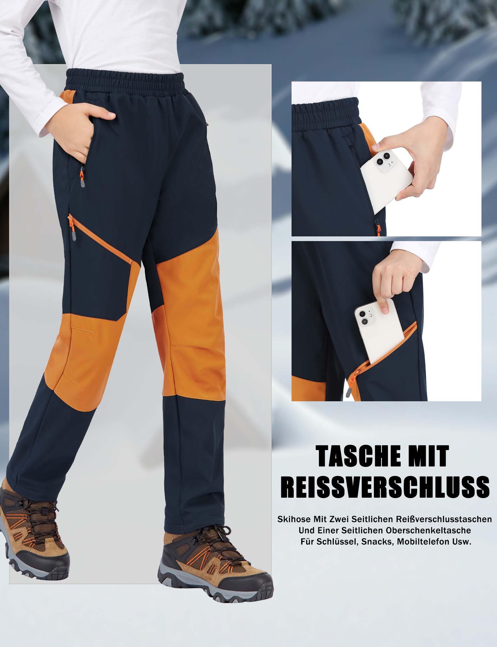 Pantaloni Impermeabili della Neve del Ragazzo Youth Fleece Lind Hiking Softshell Caldo Isolato Pantaloni-Navy Blue+Orange-146-152