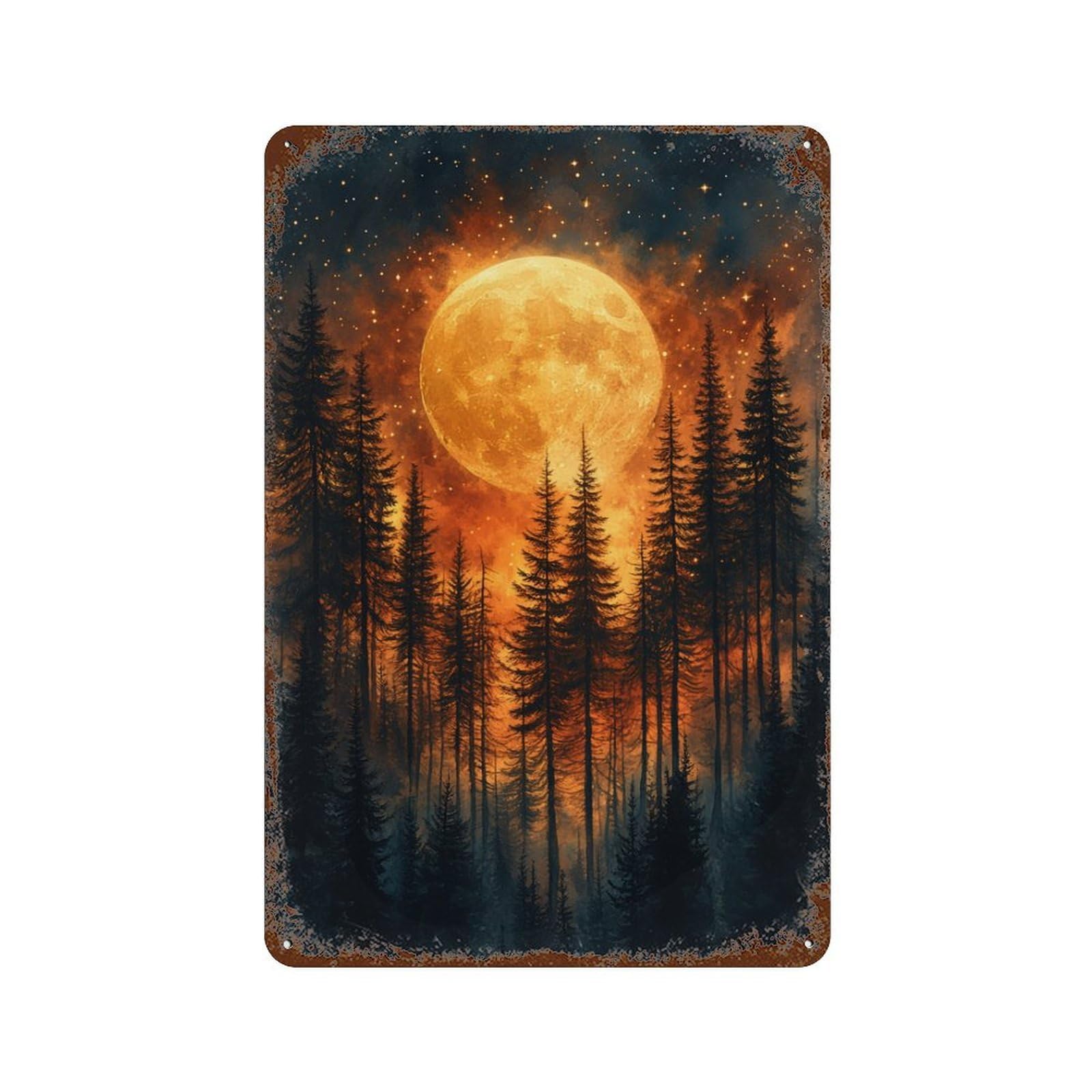 Moonlit Forest Night Scene 11.8"x7.9" Aged Metal Wall Plaque, Vintage Wall Decor for Bistro, Counter And Cafe Decor