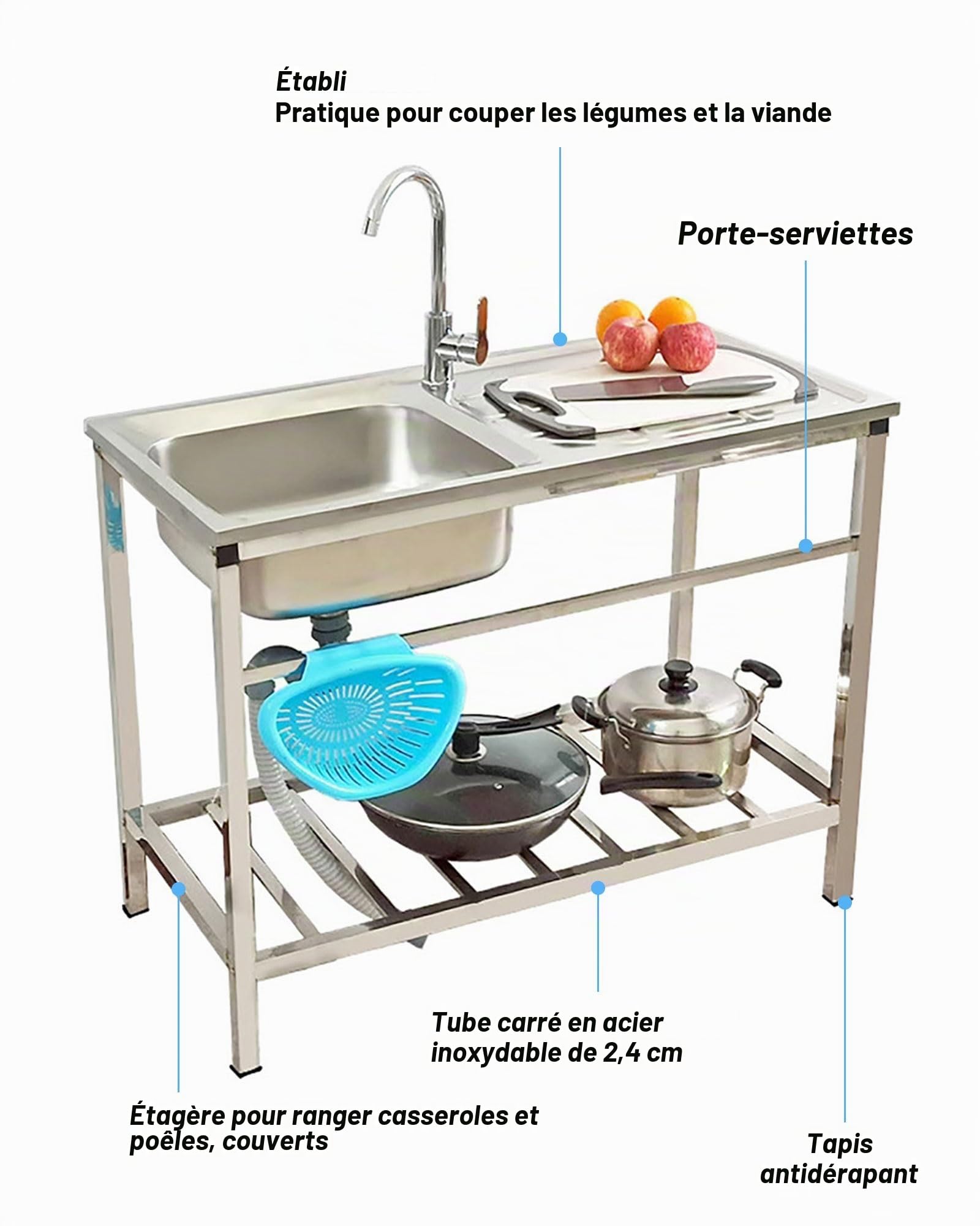 Acier Inox Évier Sur Pieds De Cuisine avec Robinet, Évier Utilitaire, Commercial Autoportant Pour Garage/Restaurant/Buanderie, Facile à Nettoyer (75x40xH75cm)