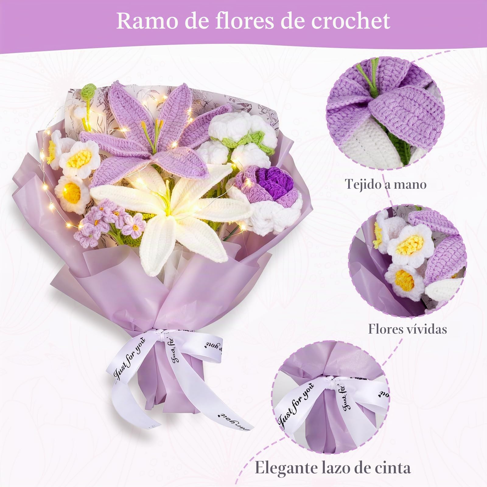 Ramo de Flores de Ganchillo, Flores de Crochet con Ramo y Bolsa, lirios
