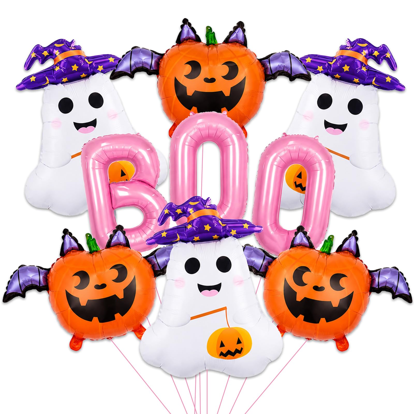 9PCS Halloween Balloons Foil Set Pink Bat Pumpkin Ghost BOO Foil Balloons