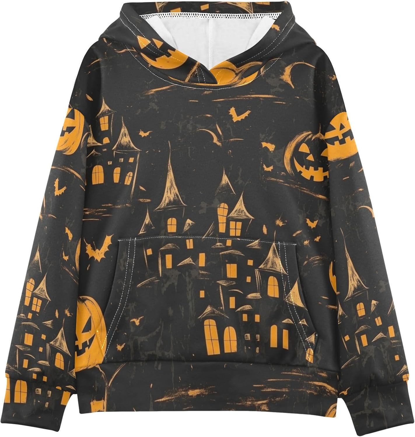 ZZXXB Halloween Castle Pumpkin Kids Sweatshirts Boys Girls Hooded Kangaroo Pocket Pullover Tops XS-XXL