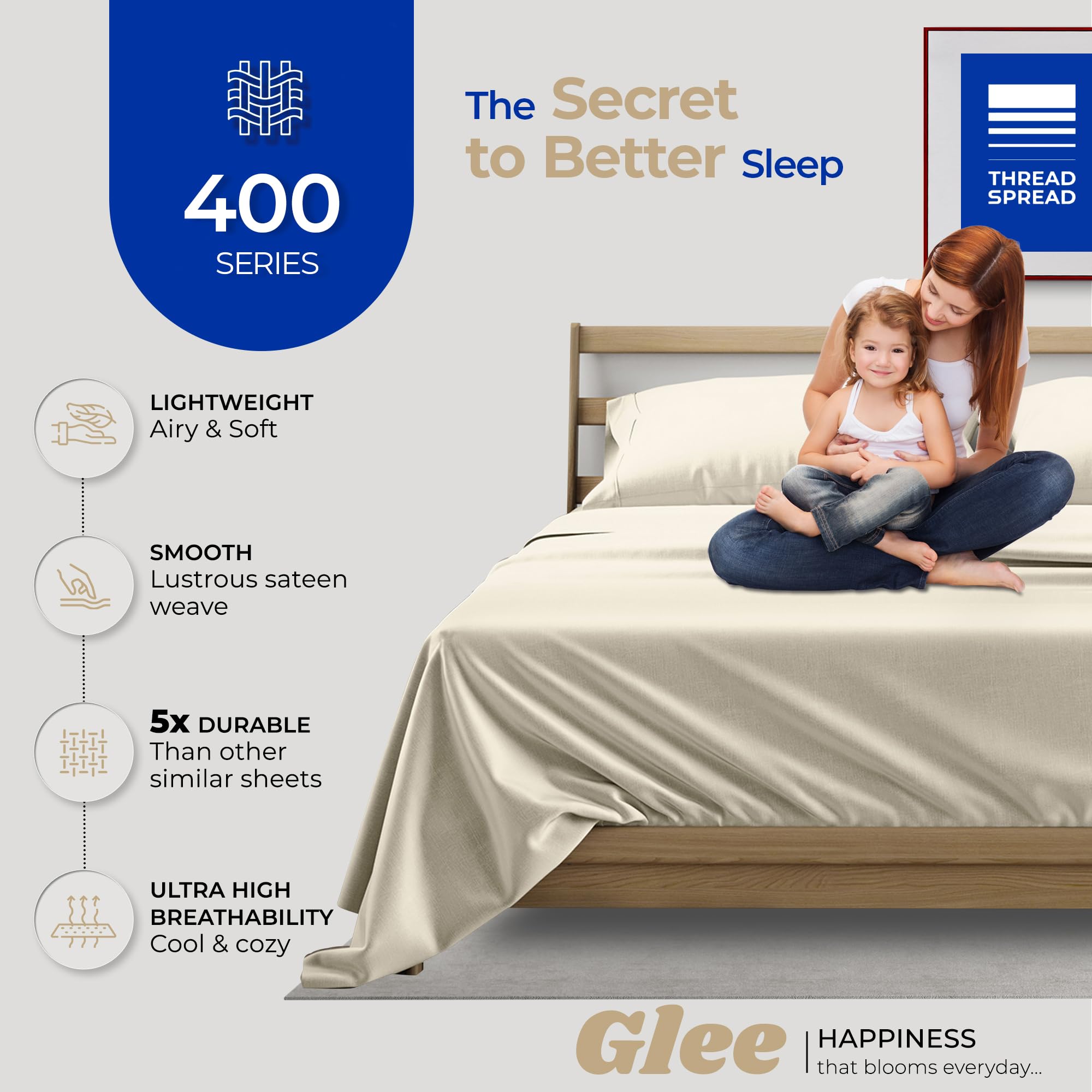THREAD SPREAD Prześcieradła ze 100% bawełny na łóżko King Size - 400 nici na cal, 4-częściowy zestaw bawełnianych prześcieradeł - miękkie, oddychające chłodzące prześcieradła - głębokie kieszenie