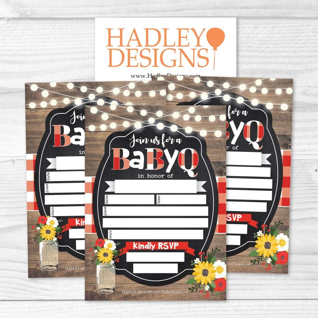 Hadley Designs 25 Baby Shower Invitations, Sprinkle Invite For Boy or Girl, Coed Rustic Barbeque Gender Neutral Reveal, Cute Fill or Write In Blank Printable Card, Country Sunflower Party DIY