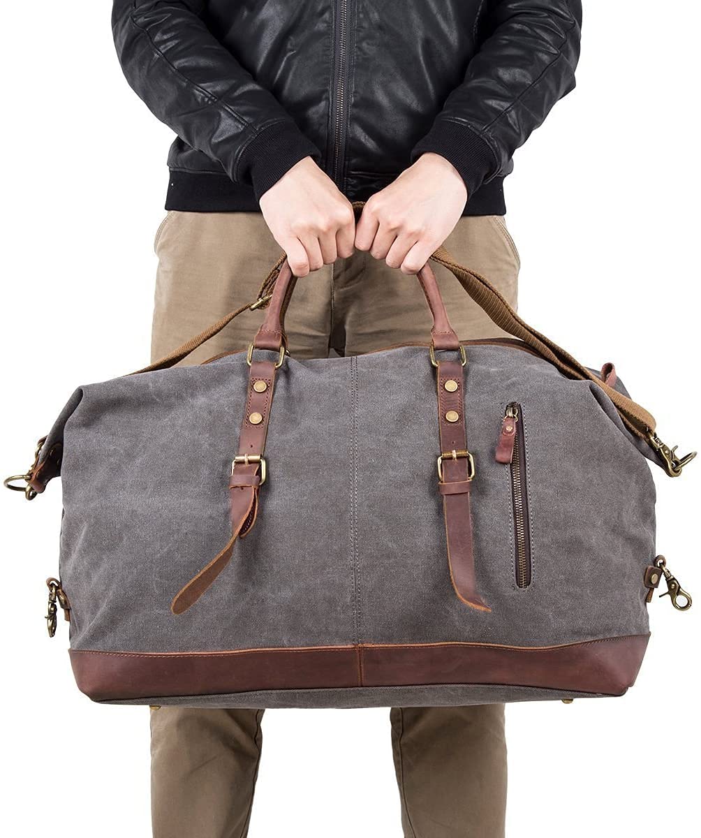 BAOSHA HB-14 Vintage Segeltuch Canvas PU Leder Unisex Handgepäck Reisetasche Sporttasche Weekender Tasche für Kurze Reise am Wochenend Urlaub Arbeitstasche 40 Liter Aktualisiert (Schwarz)