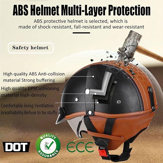 Leather Motorbike Half Helmet DOTECE Approved Vintage Style Motorbike Half Helmet Adults Unisex Retro Open Face Helmet with Goggles Comfort Jet Helmet Quick-Release Buckle