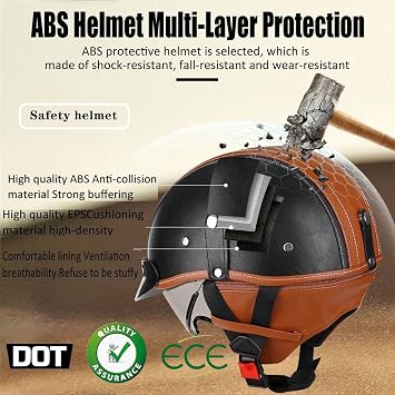 Leather Motorbike Half Helmet DOTECE Approved Vintage Style Motorbike Half Helmet Adults Unisex Retro Open Face Helmet with Goggles Comfort Jet Helmet Quick-Release Buckle