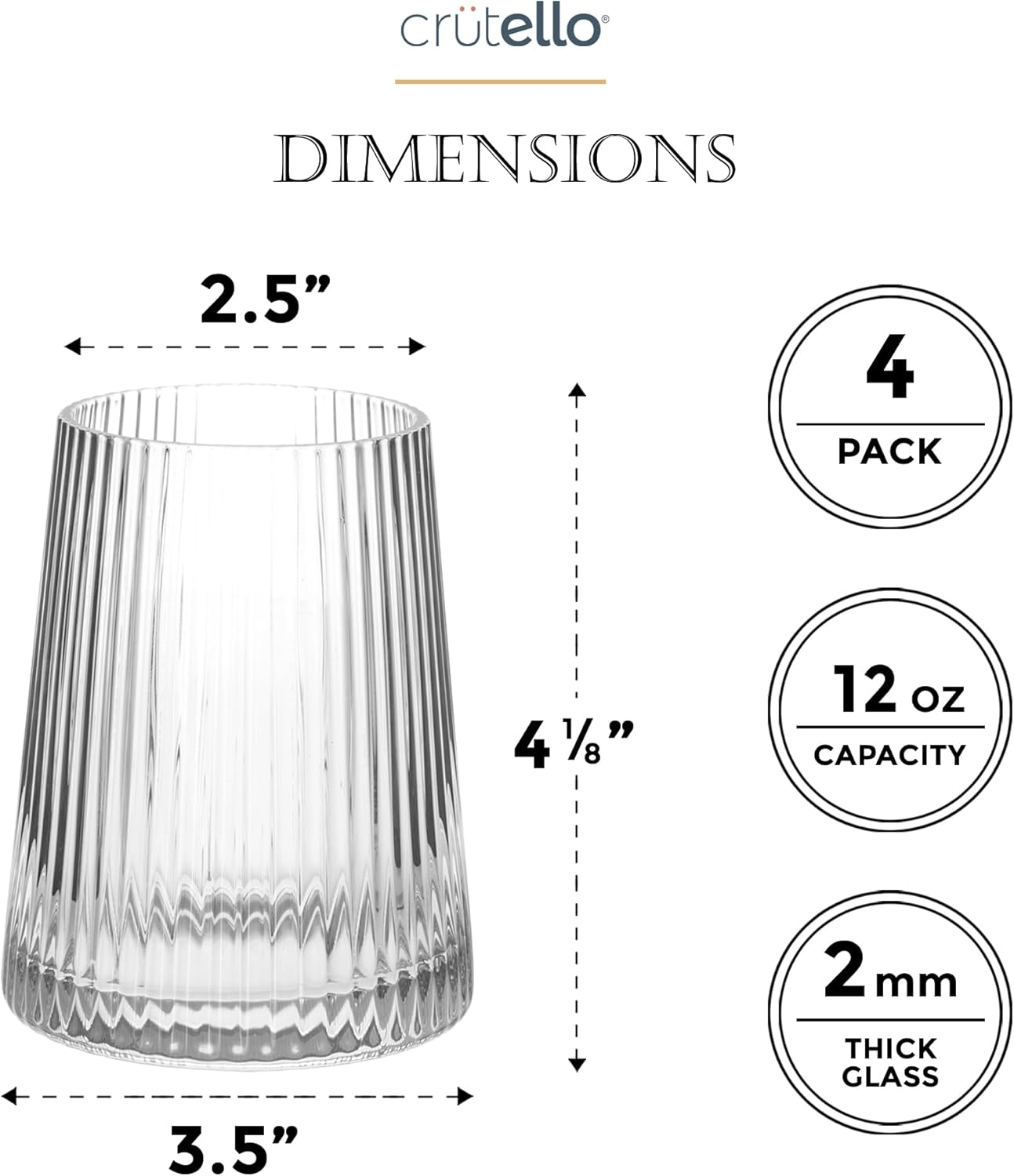 Crutello Modern Wine Glasses 12 oz Stemless, Set of 4, Unique Fluted Glassware with Vintage Ripple Texture, Art Deco Red or White Wine Fancy Glasses Stemless Ribbed