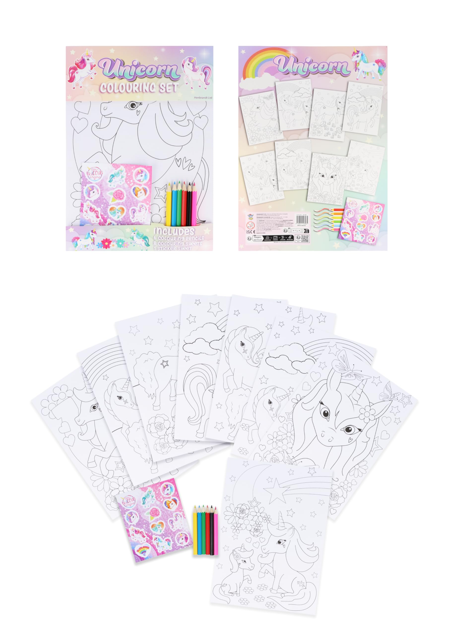 HENBRANDT 2 x Unicorn Colouring Sets with 8 Sheets and 6 Mini Colouring Pencils Each A4 Colouring Children’s Activity Packs Fantasy Magic Birthday Loot Bag Party Favours for Girls and Boys
