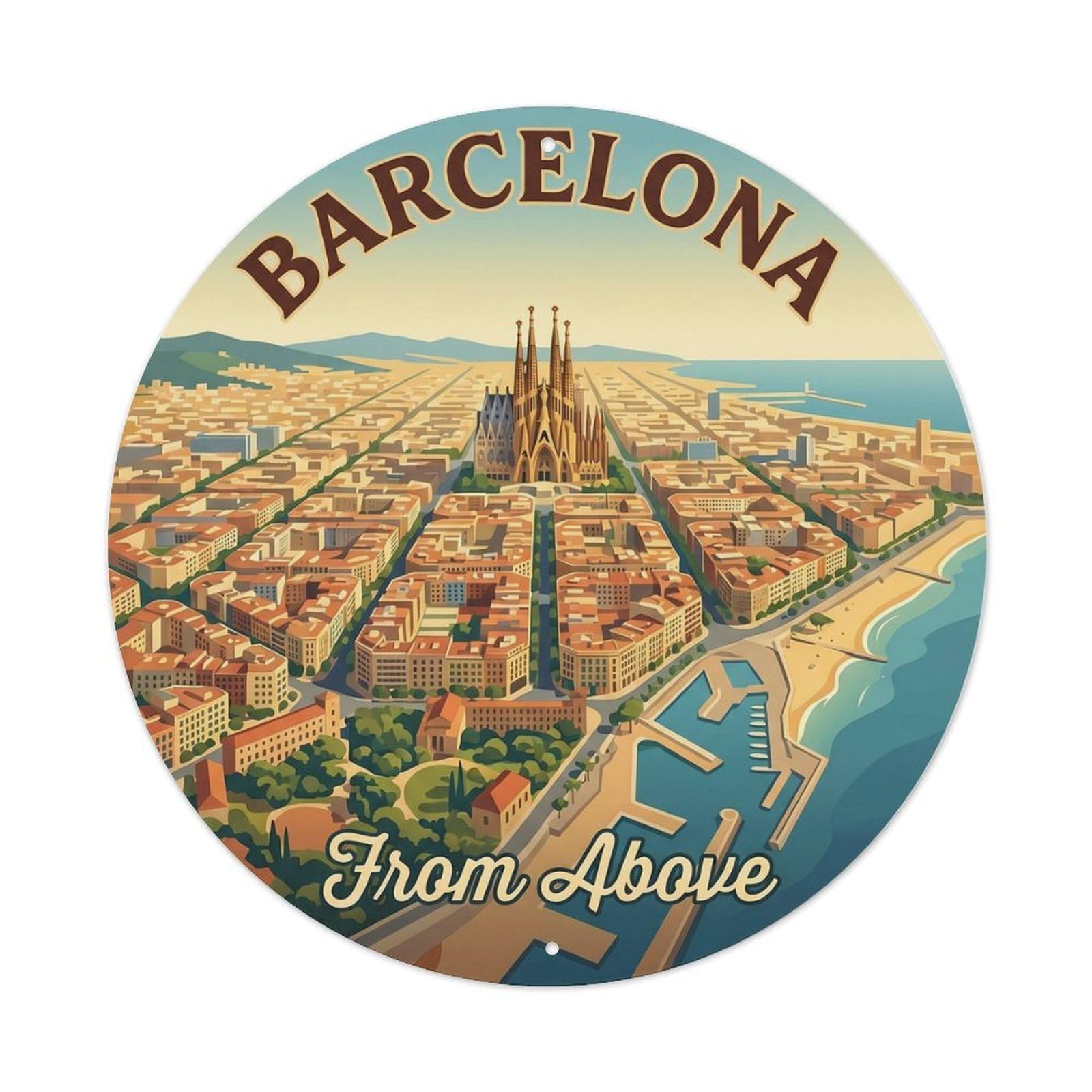 Barcelona Aerial Vintage Travel Catalan Heritage Culture Metal Tin Sign Plaque Wall Decor for Cafe, Man Cave, Club Bar, Office, Home Garden Round Metal Poster 8x8Inch