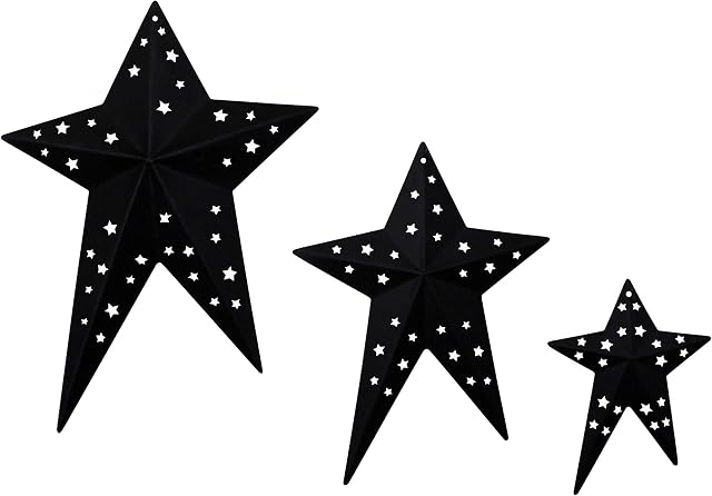 CVHOMEDECO. Primitives Rustic Vintage Gifts Black Punched Metal Barn Stars for Wall/Wreaths/Twigs Decor,8/6/4 Inch, Set of 3