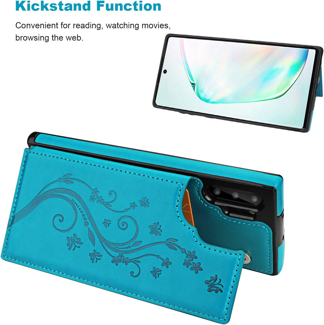 Vaburs Note 10 Plus Case Wallet with Card Holder, Embossed Butterfly Premium PU Leather Double Magnetic Buttons Flip Shockproof Protective Case for Samsung Galaxy Note 10 Plus(Blue)