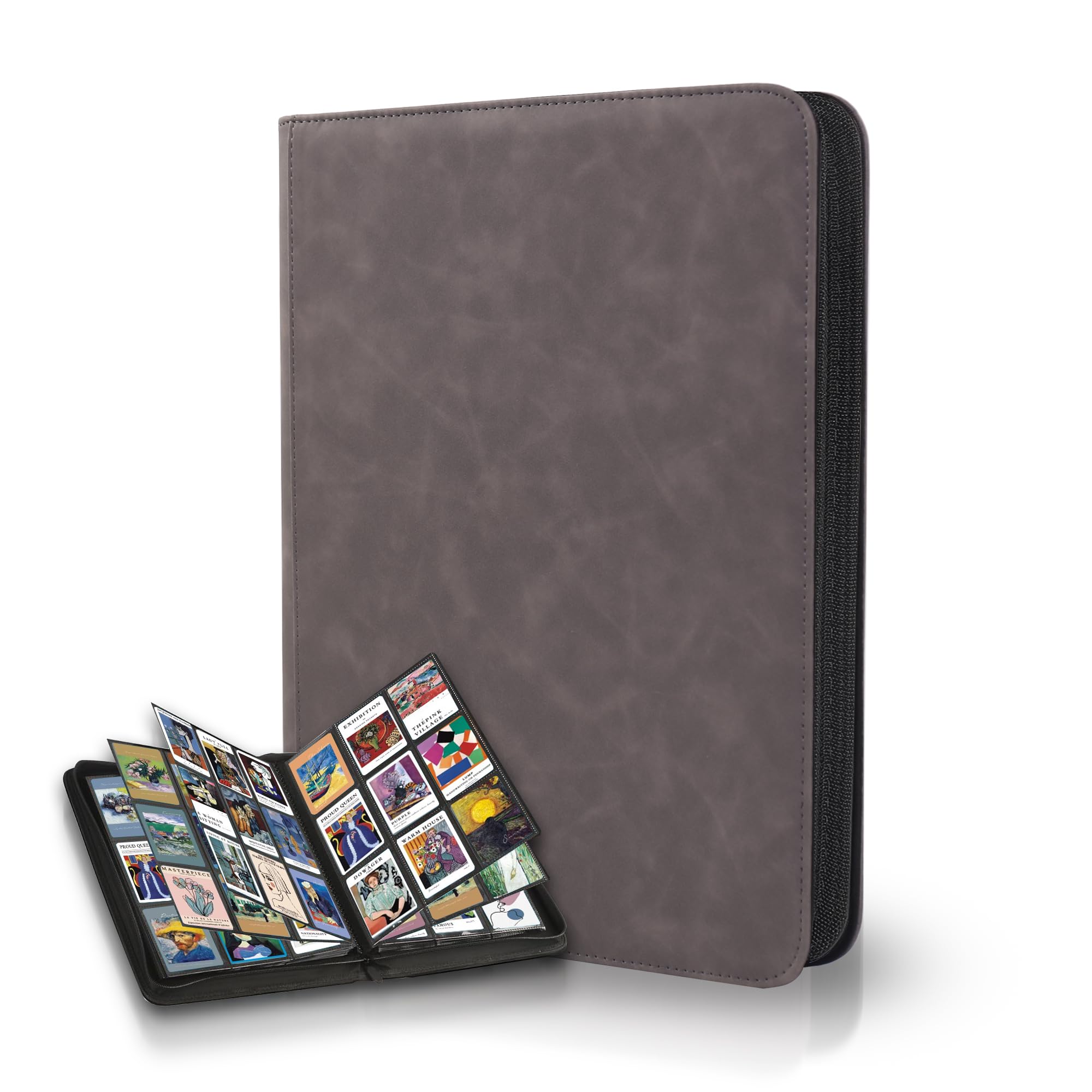 Trading Card Album for 540 Cards, 9-Pocket Toploader Binder with 7 x 9 cm Sleeves, Collector's Album Cards with Waterproof Leather Case and Zip, Grey Trading Card Binder for MTG, Yugioh