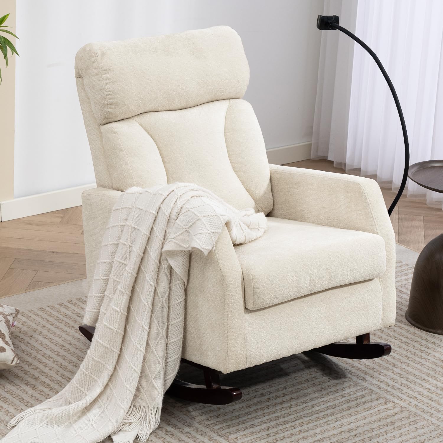 UVV Rocking Chair with Retractable Phone Holder - Modern Glider Recliner Armchair, Wood Legs & Side Pocket, High Back Nursery Accent Chair for Living