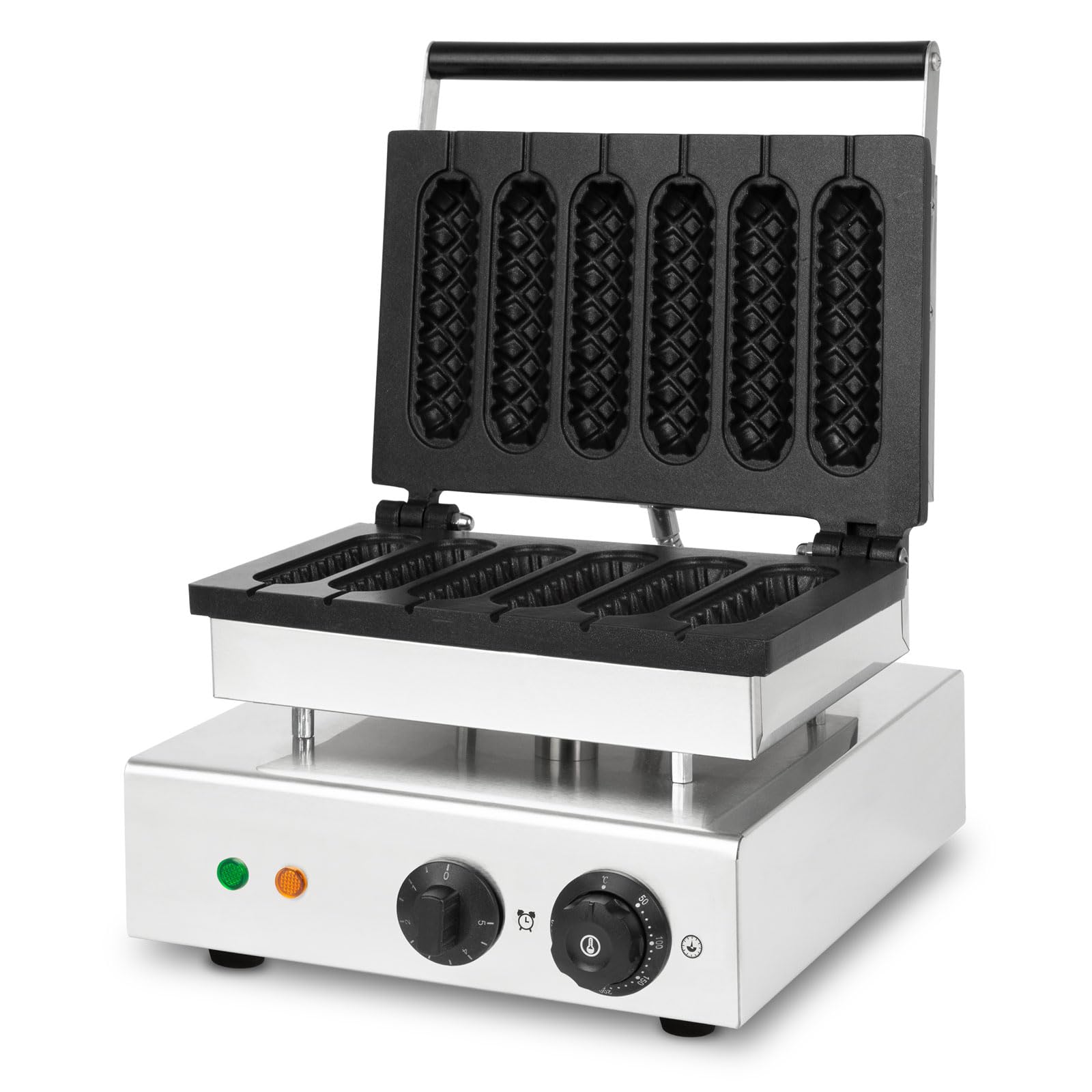 VERTES Macchina per Waffle su Stecco, 6 Waffle alla Volta, 120 pezzi/h, Regolabile 0-300°C, Antiaderente, Piastra in Ghisa con Corpo in Acciaio Inox, Waffle Maker 1550 W, Timer, Manico Termoresistente