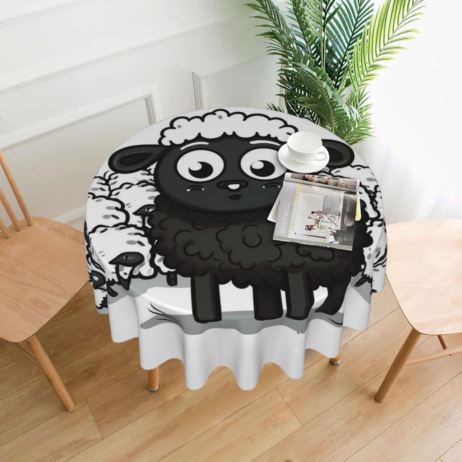 FodPand Cartoon Black White Sheep Tablecloths for Round Tables 60 Inch - Reusable Washable Dining Table Clothes - Stain and Wrinkle Resistant Decorative Fabric Table Cover for Wedding Party
