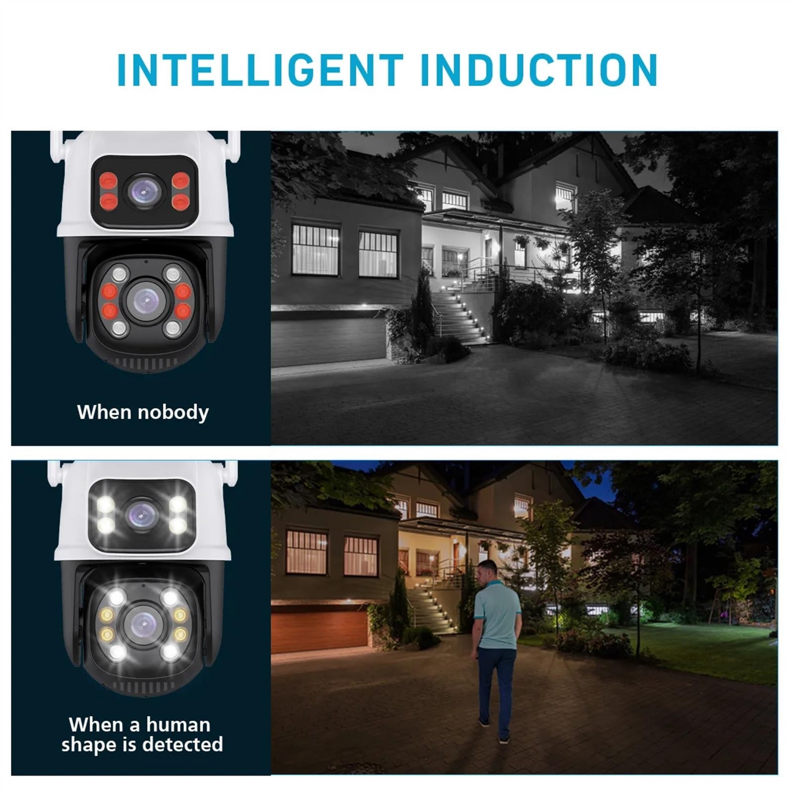 Caméra de sécurité, 8MP PTZ caméra extérieure Vision Nocturne Double écran détection Humaine 4MP Protection de sécurité CCTV Surveillance IP(4MP with 64G Card)