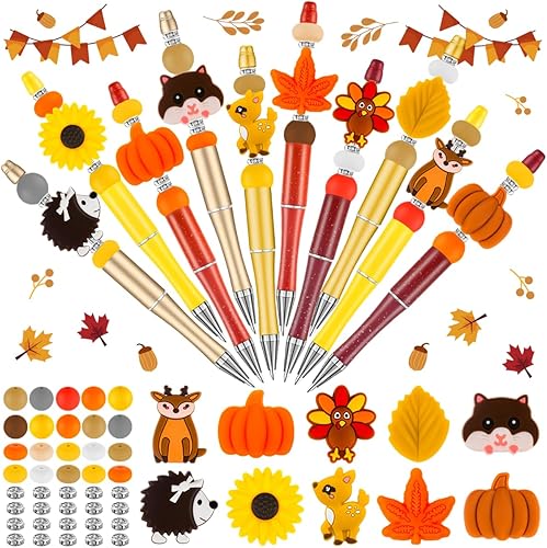 FFNIU Bolígrafos de cuentas de Acción de Gracias, bolígrafos de cuentas de plástico con cuentas de silicona, hojas de arce, dulces, calabazas,