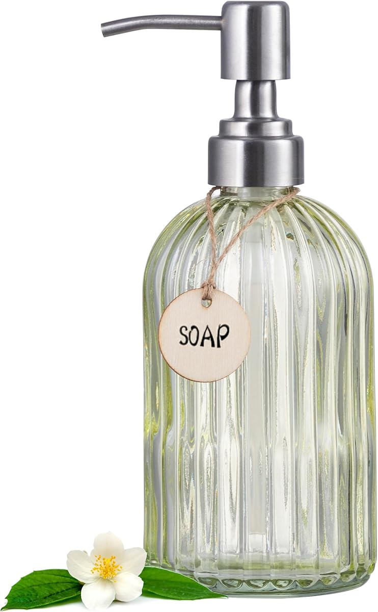 HBlife 16 Oz Soap Dispenser with 304 Rustproof Stainless Steel Pump,Vertical Stripe Kitchen Bathroom Soap Dispenser,Refillable Liquid Glass Soap Dispenser for Hand Soap, Soap, Lotion(Green)