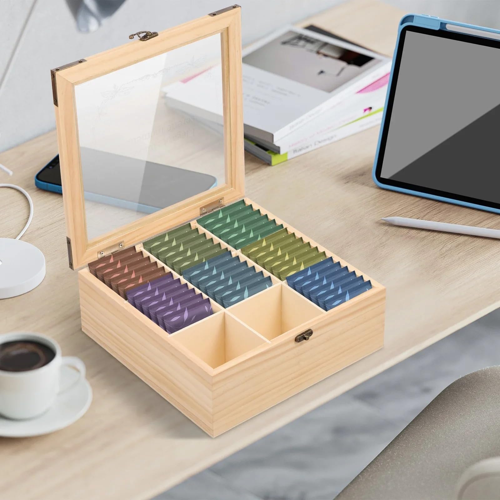 Caja de almacenamiento bolsitas té con tapa transparente | Organizador de café que clasifica los suministros de azúcar de fácil acceso(24x24x9cm)