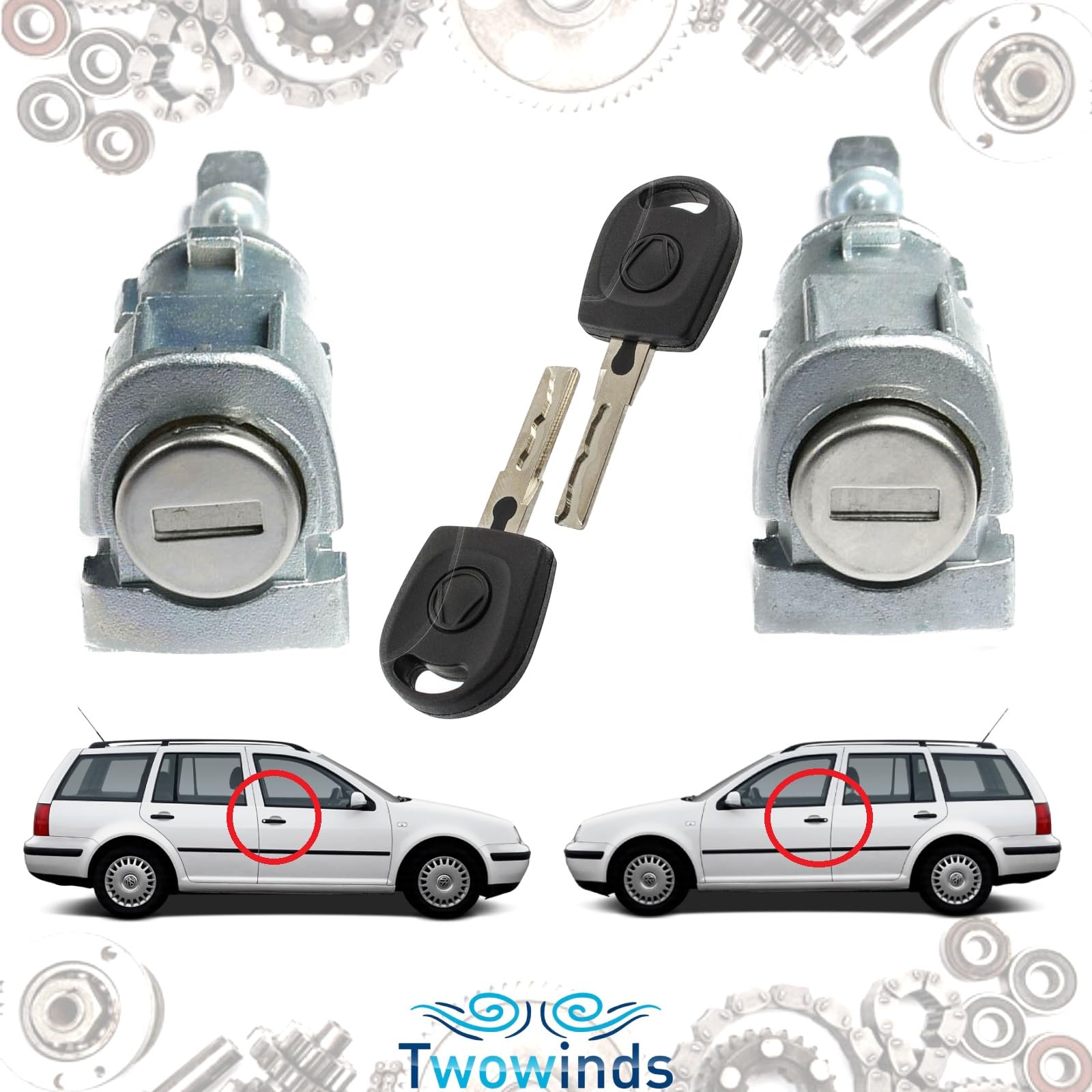 Twowinds - Cilindro Serratura 604837167 Compatibile con VW Bora 1J2, 1J6 (1997-2006) Golf 4 1J1, 1J5 (1997-2006) - Portiera Anteriore Destra e Sinistra - 604837168 - Serratura di Sicurezza e chiavi