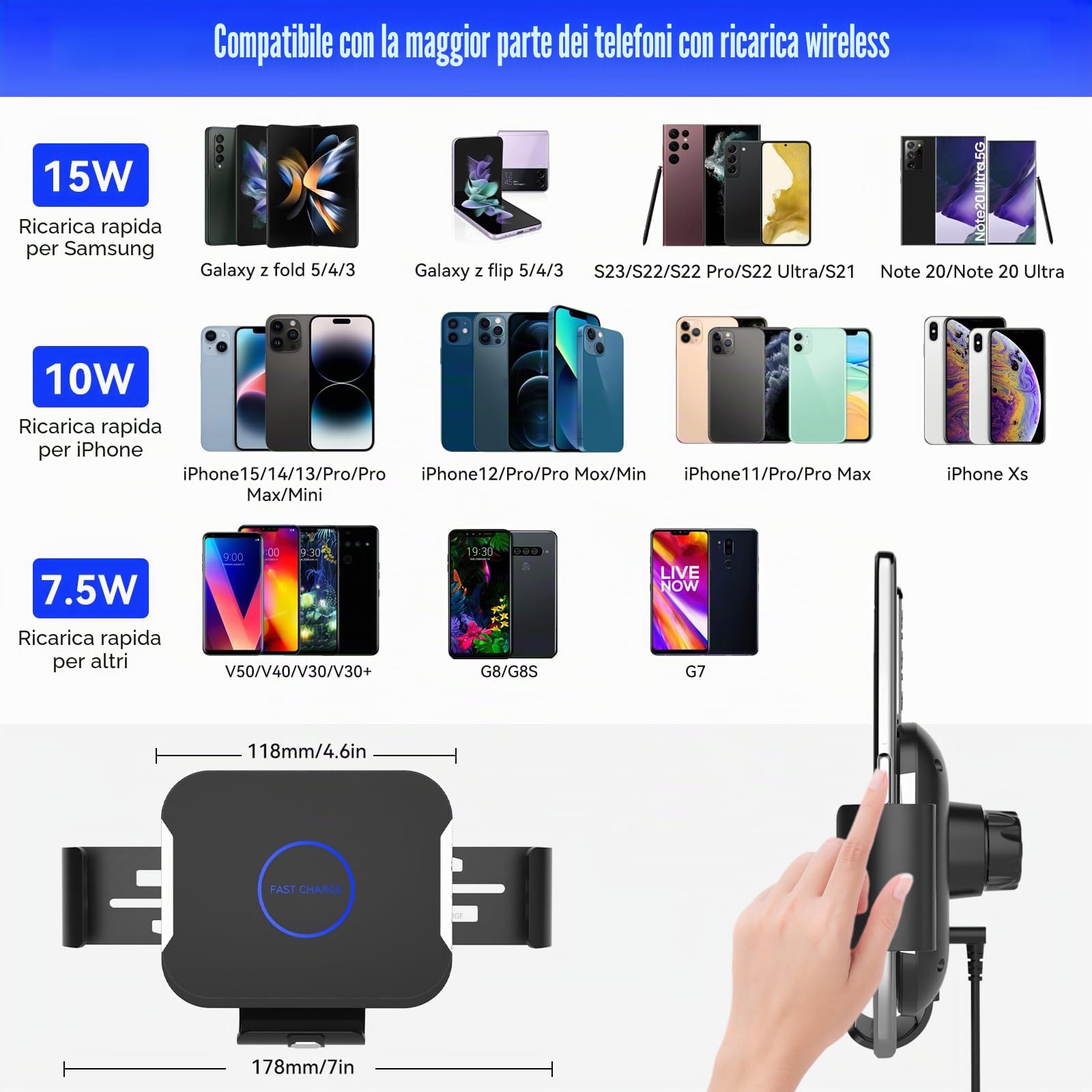 Supporto per cellulare da 15 W, Dual Coils, per Samsung Z Fold 7/6 5/4/3, intelligente senza fili, per prese d'aria, cruscotto, per Samsung Galaxy Z Fold7/6/5/4/3/2