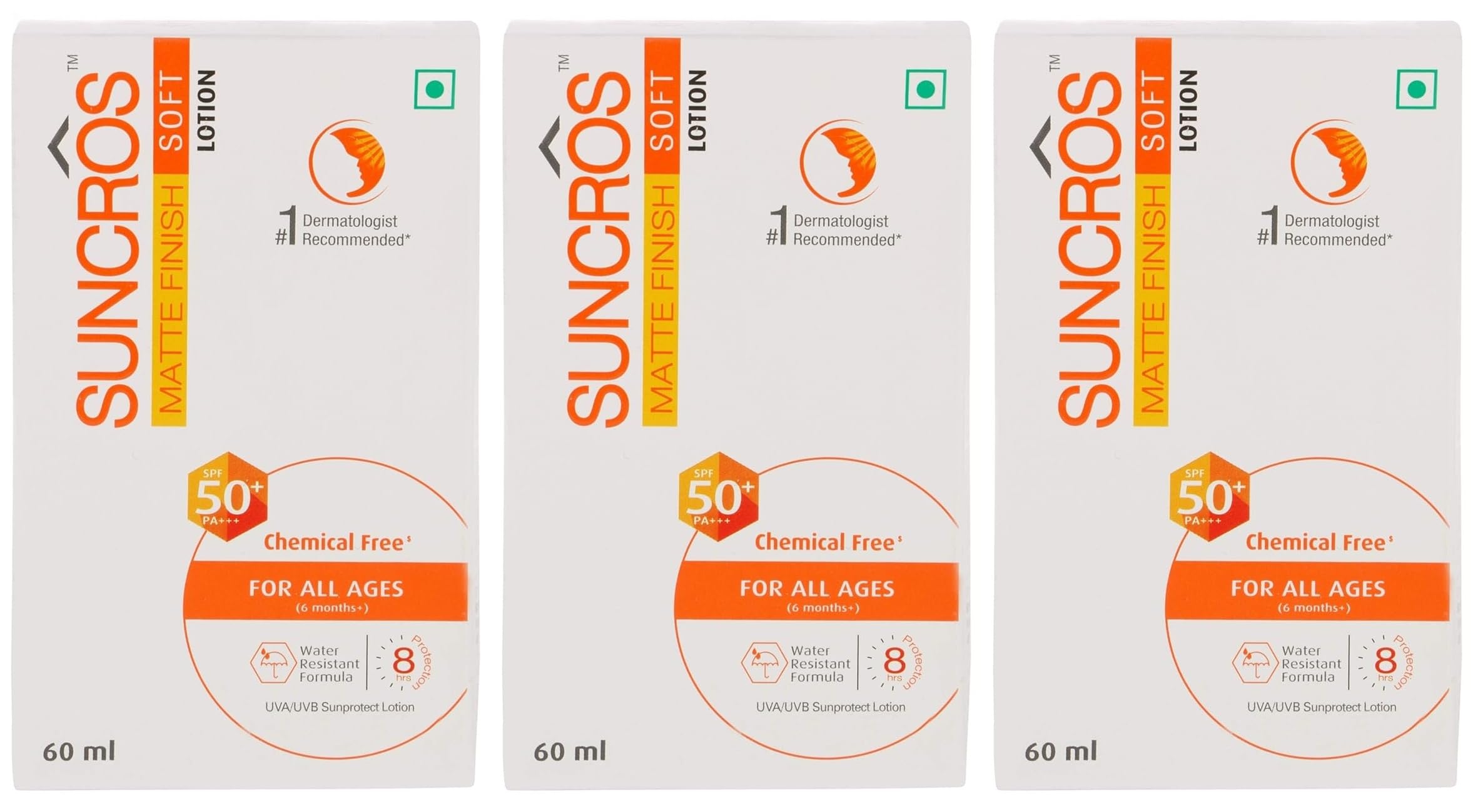 Sunpharma Suncros Matte Finish Lotion, SPF 50+ & PA+++, 8-Hour Sun Protection, Water & Sweat-Resistant sunscreen, Hypoallergenic, Non-Comedogenic, 60ml x 3