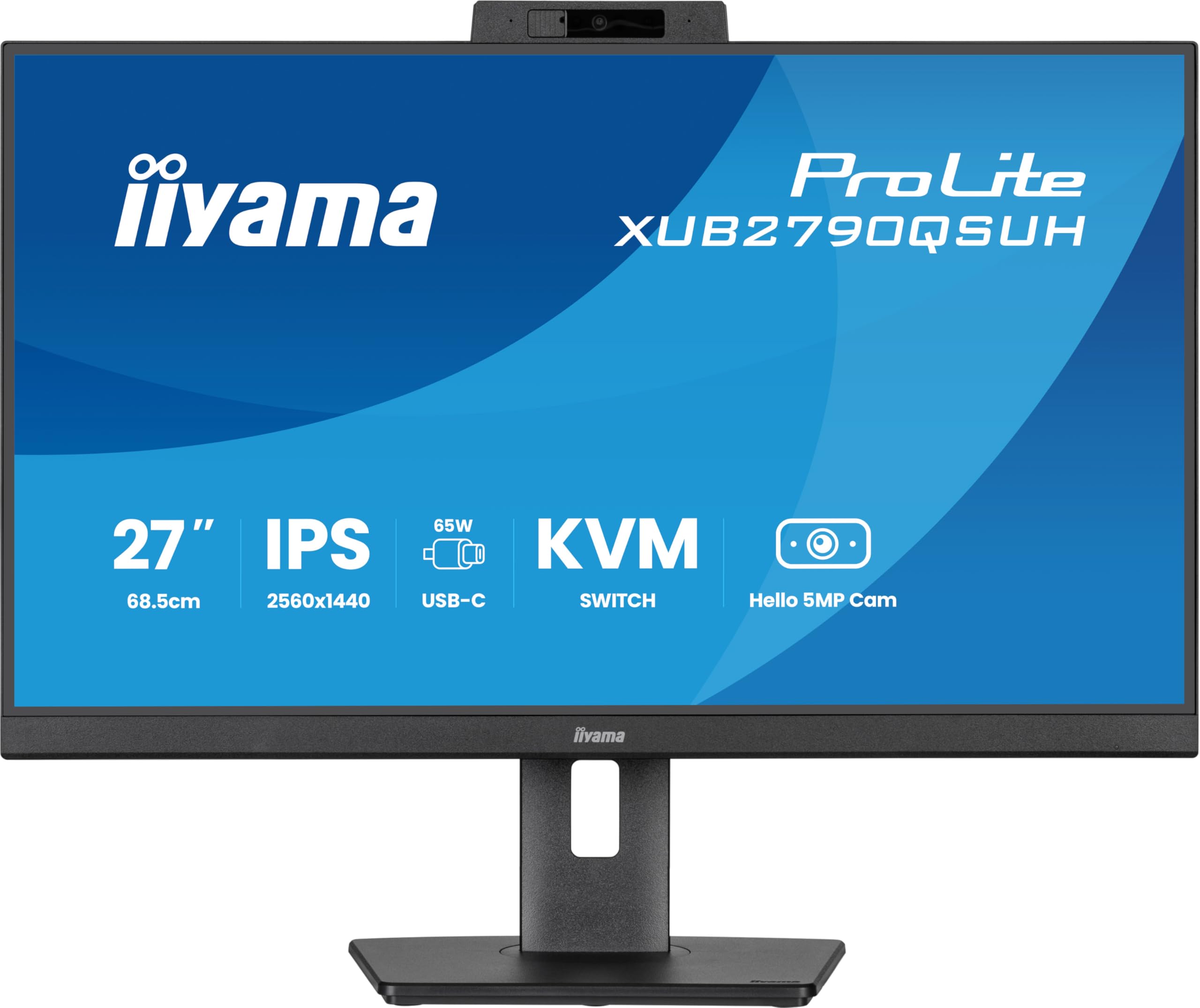iiyama Prolite XUB2790QSUH-B2 68,5cm 27" IPS LED-Monitor QHD 100Hz HDMI DP USB3.2 USB-C 65W KVM-Switch Slim-Line Höhenverstellung Pivot Windows Hello Webcam schwarz