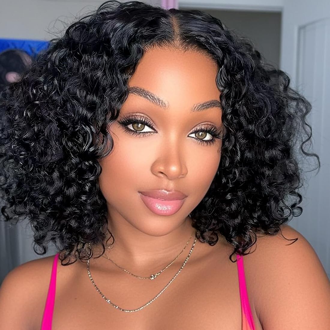Curly Bob Wig Human Hair 12 Inch 180% Density 13x4 curly Bob Human Hair Lace Front Wigs Pre Plucked with Baby Hair for Women Natural Color