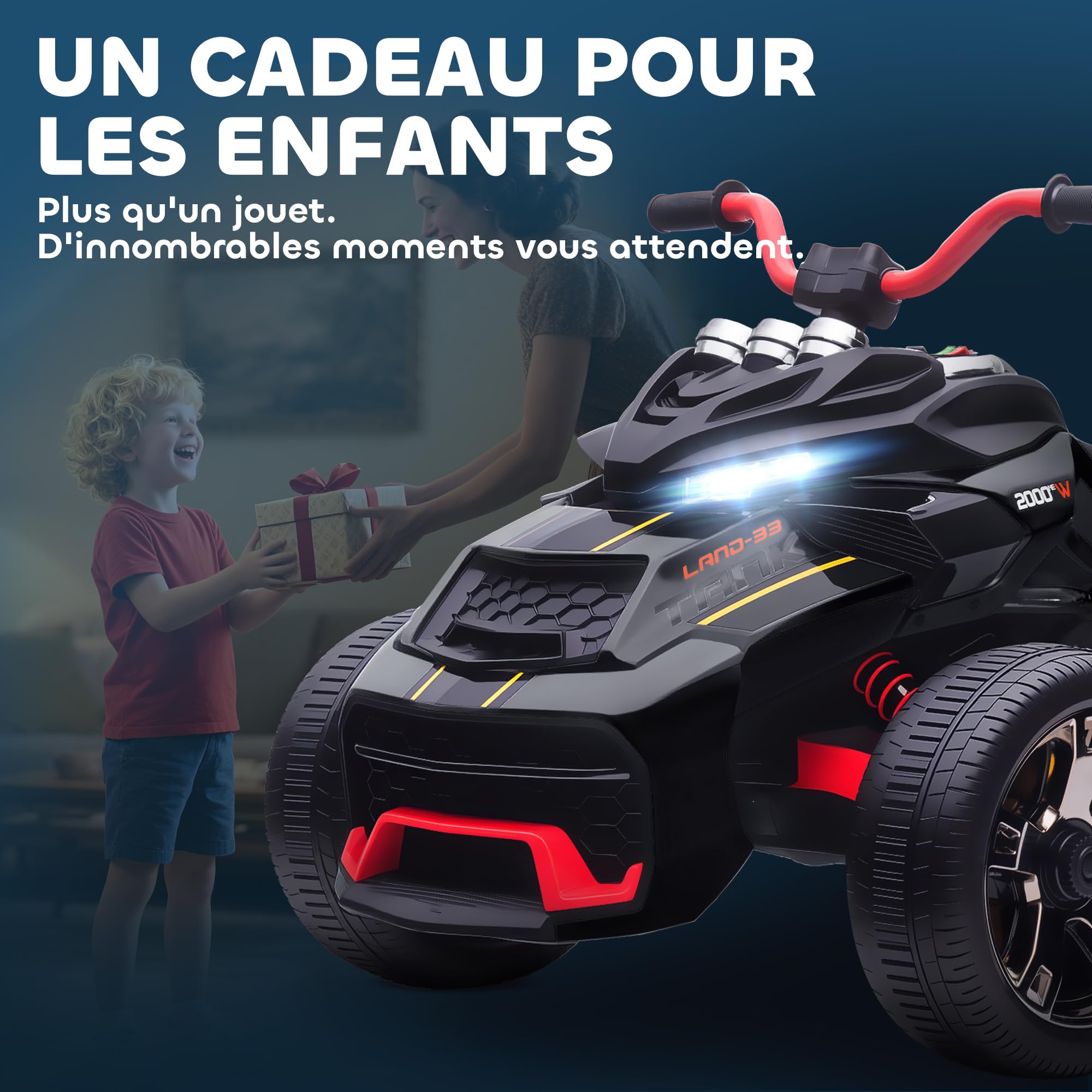 AIYAPLAY Quad électrique Enfants 12V, Design Tricycle inversé, Voiture électrique Enfants 2 Moteurs, Lecteur MP3, klaxon, 2 Vitesses, phares LED, Cadeau pour garçons et Filles âgés de 3 à 8 Ans, Noir